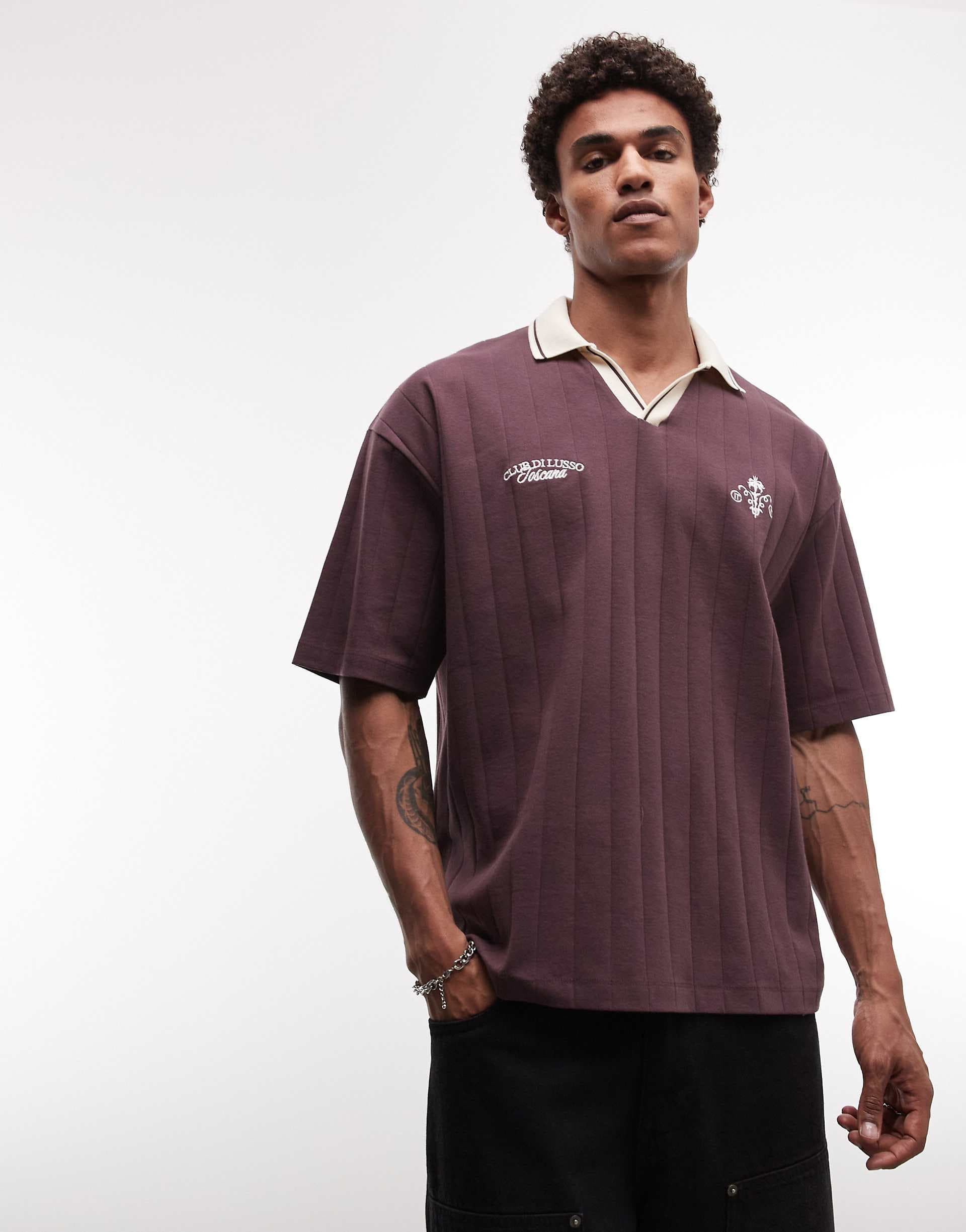 ASOS DESIGN heavyweight oversized polo with front embroidery in dark brown wide rib textured fabric