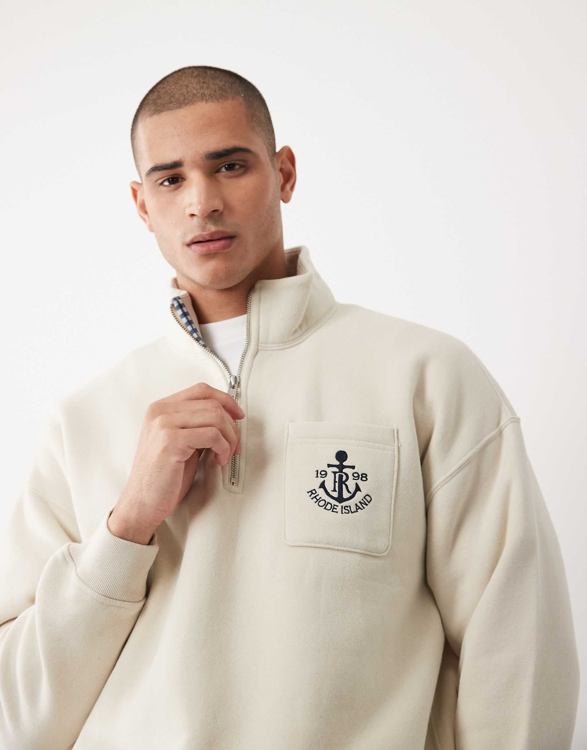 Abercrombie & Fitch quarter zip sweatshirt with embroidered pocket in beige