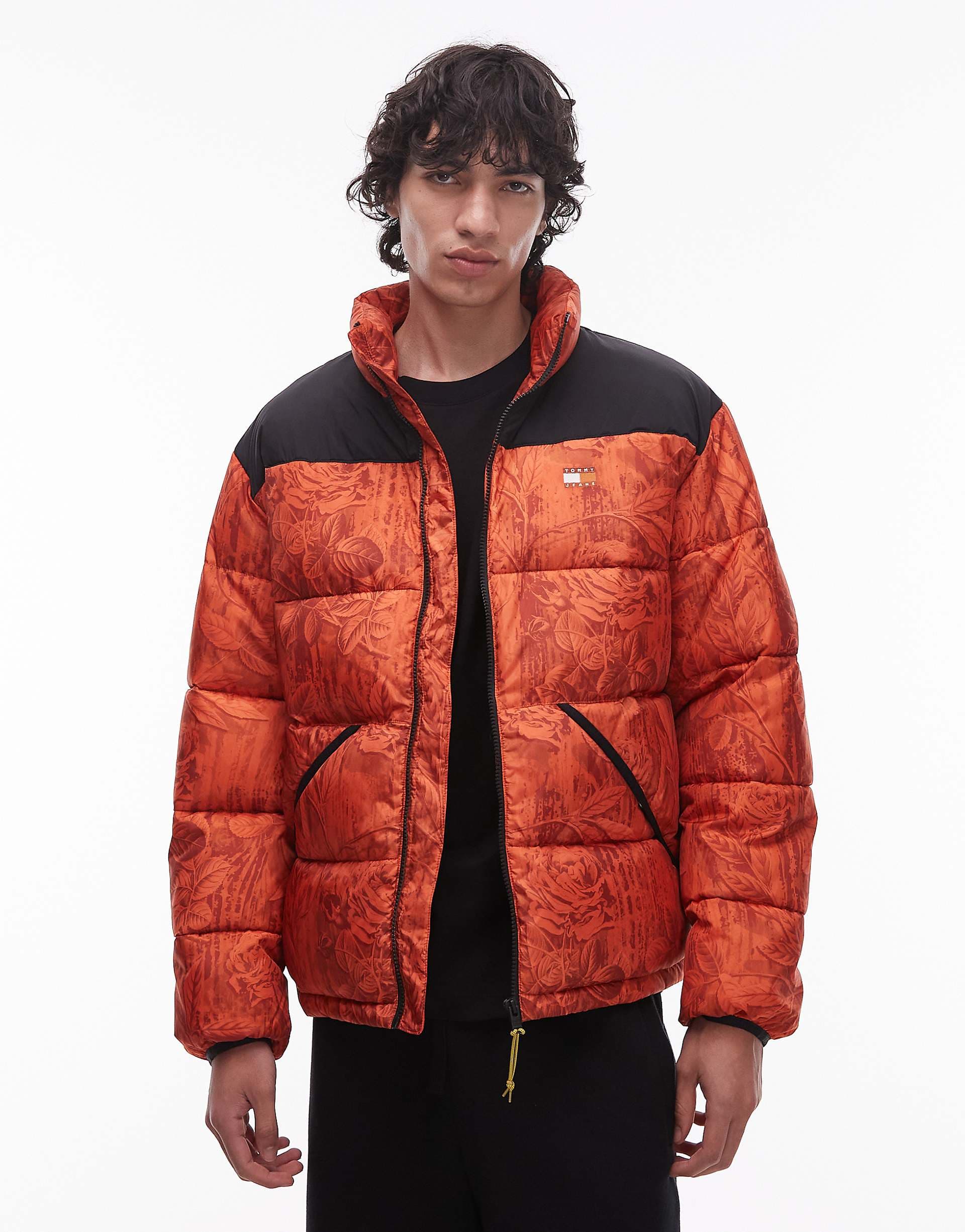 Tommy Jeans leafy all-over print puffer jacket in orange