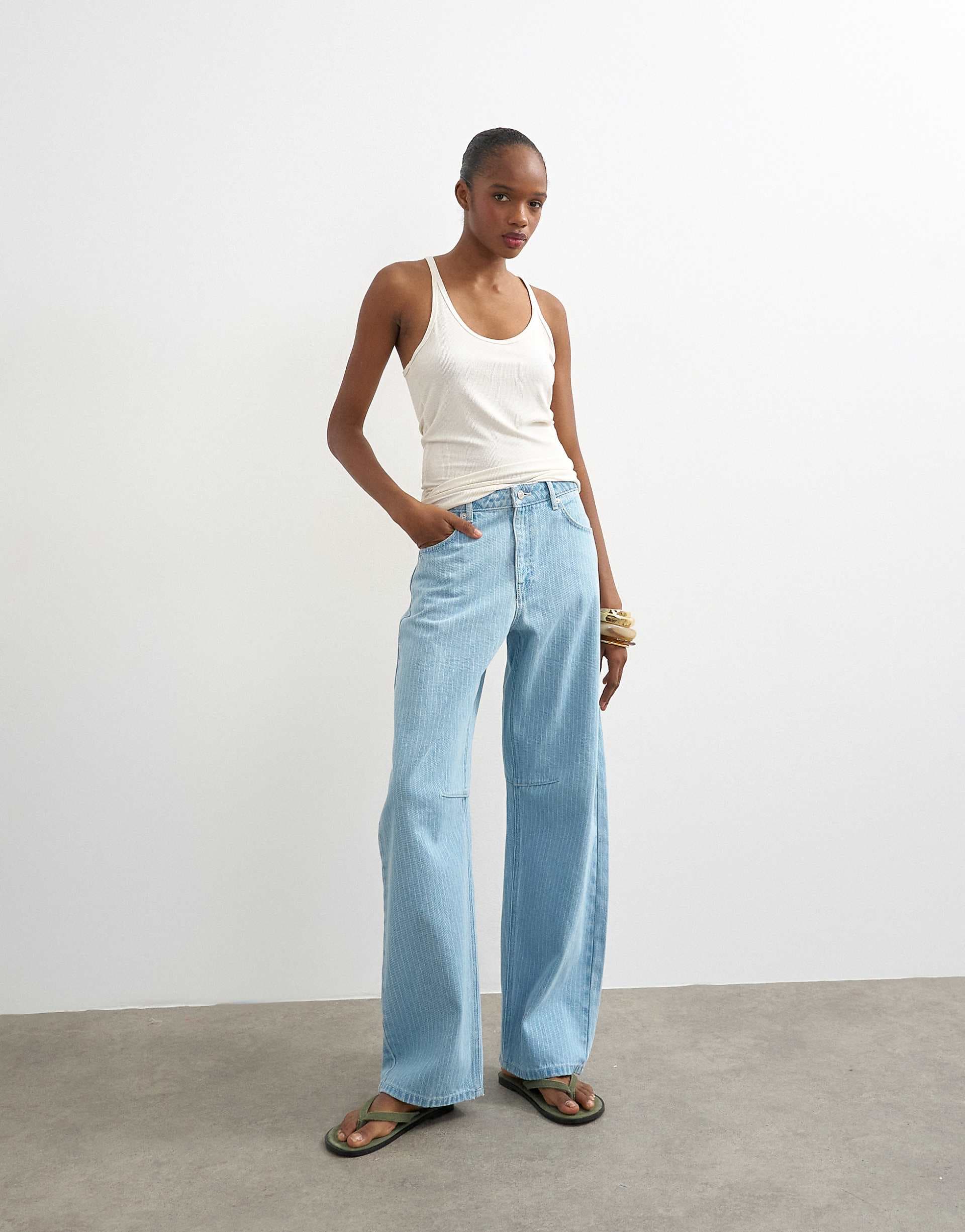 Topshop Barrel mid rise jeans in bleach pinstripe