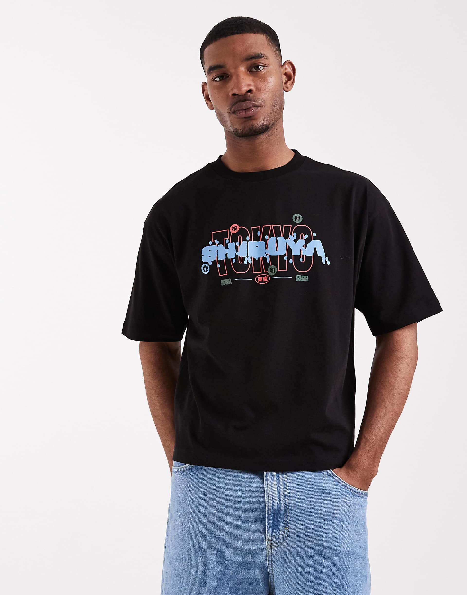 ASOS DESIGN boxy oversized T-shirt with Shibuya bubble graphic in black