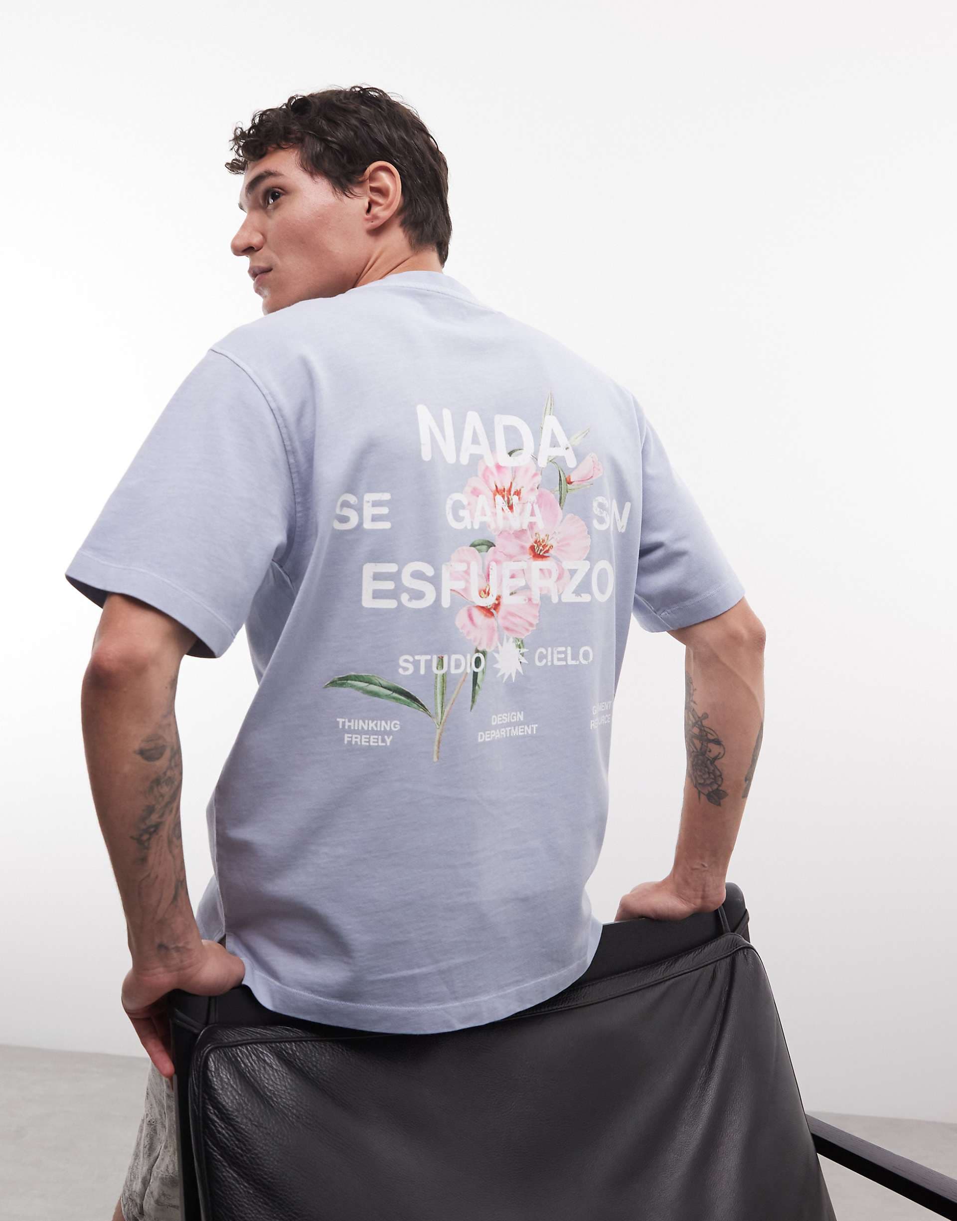 ASOS DESIGN heavyweight relaxed T-shirt with floral graphic in washed light blue