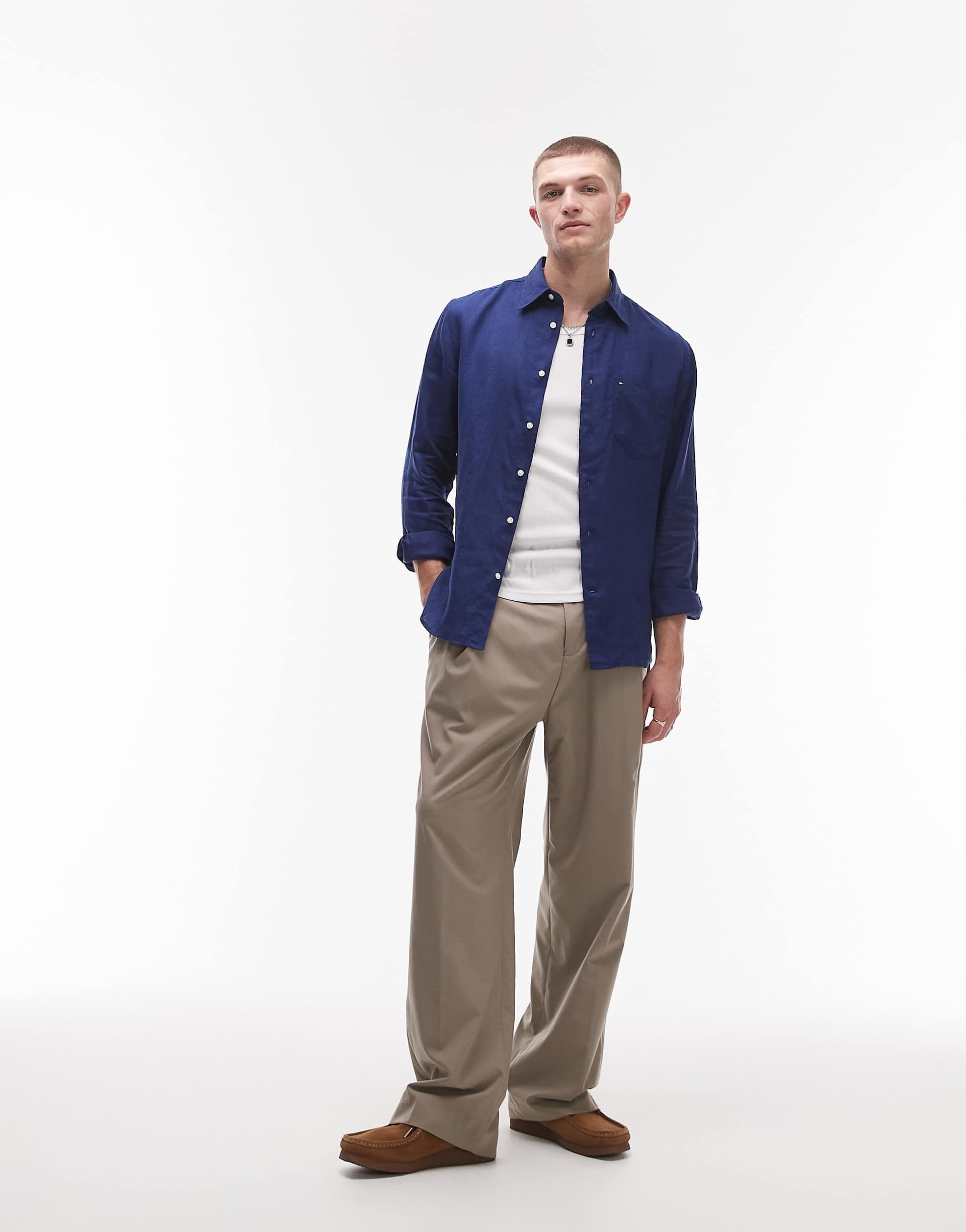 Tommy Hilfiger linen look long sleeve shirt in navy