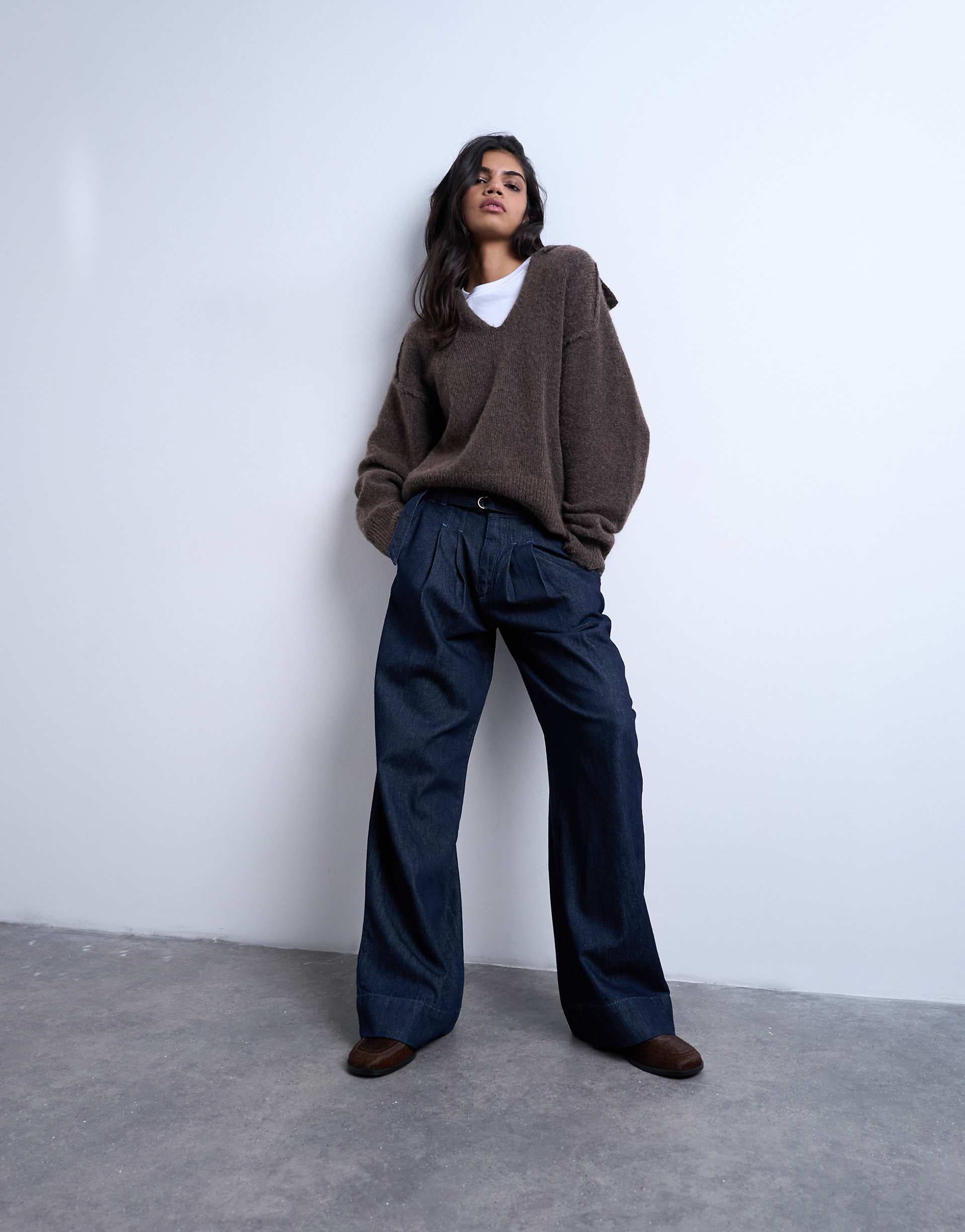 Topshop super high rise belted tailored jeans in indigo