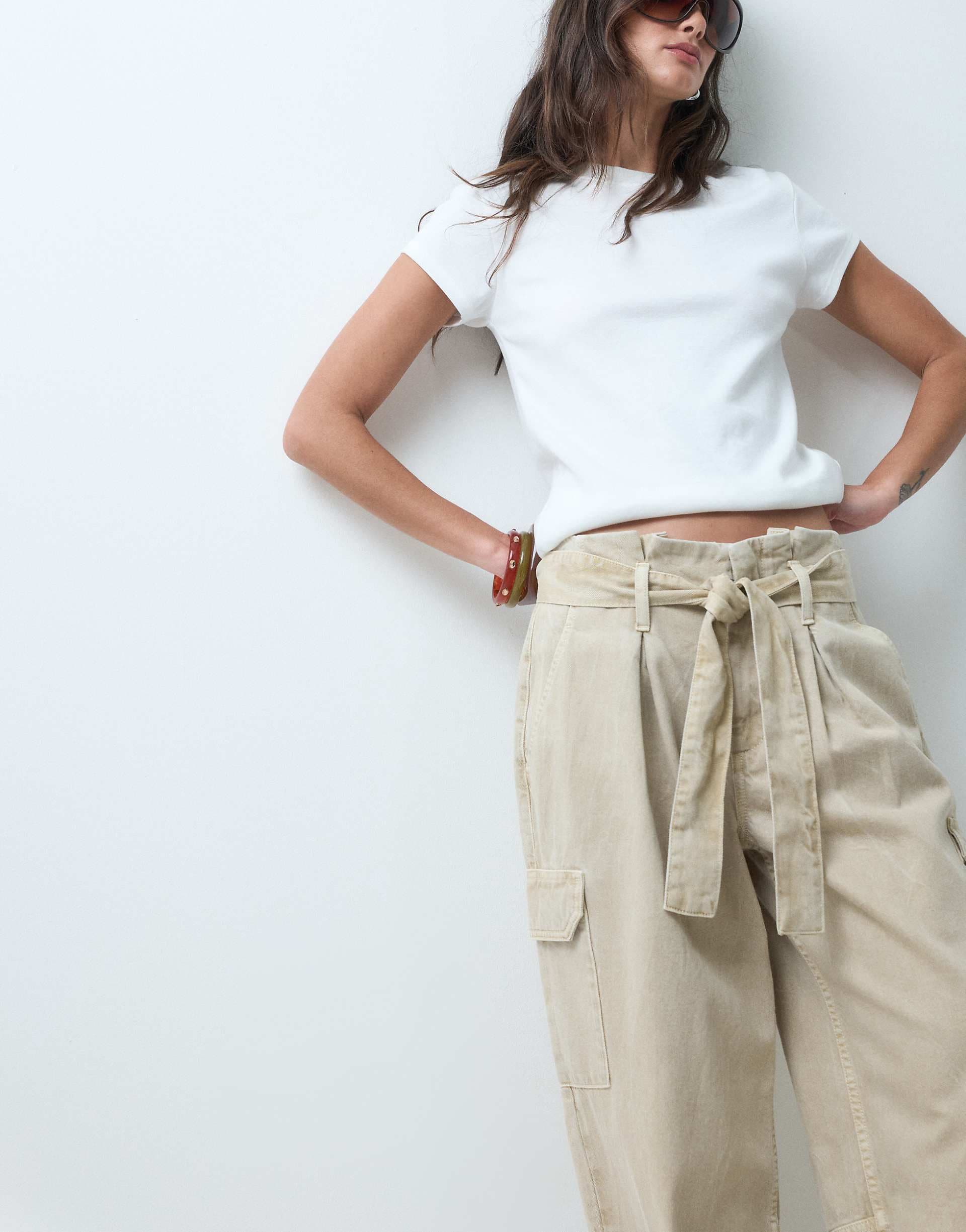ASOS DESIGN tapered pants with paperbag waist detail in ecru