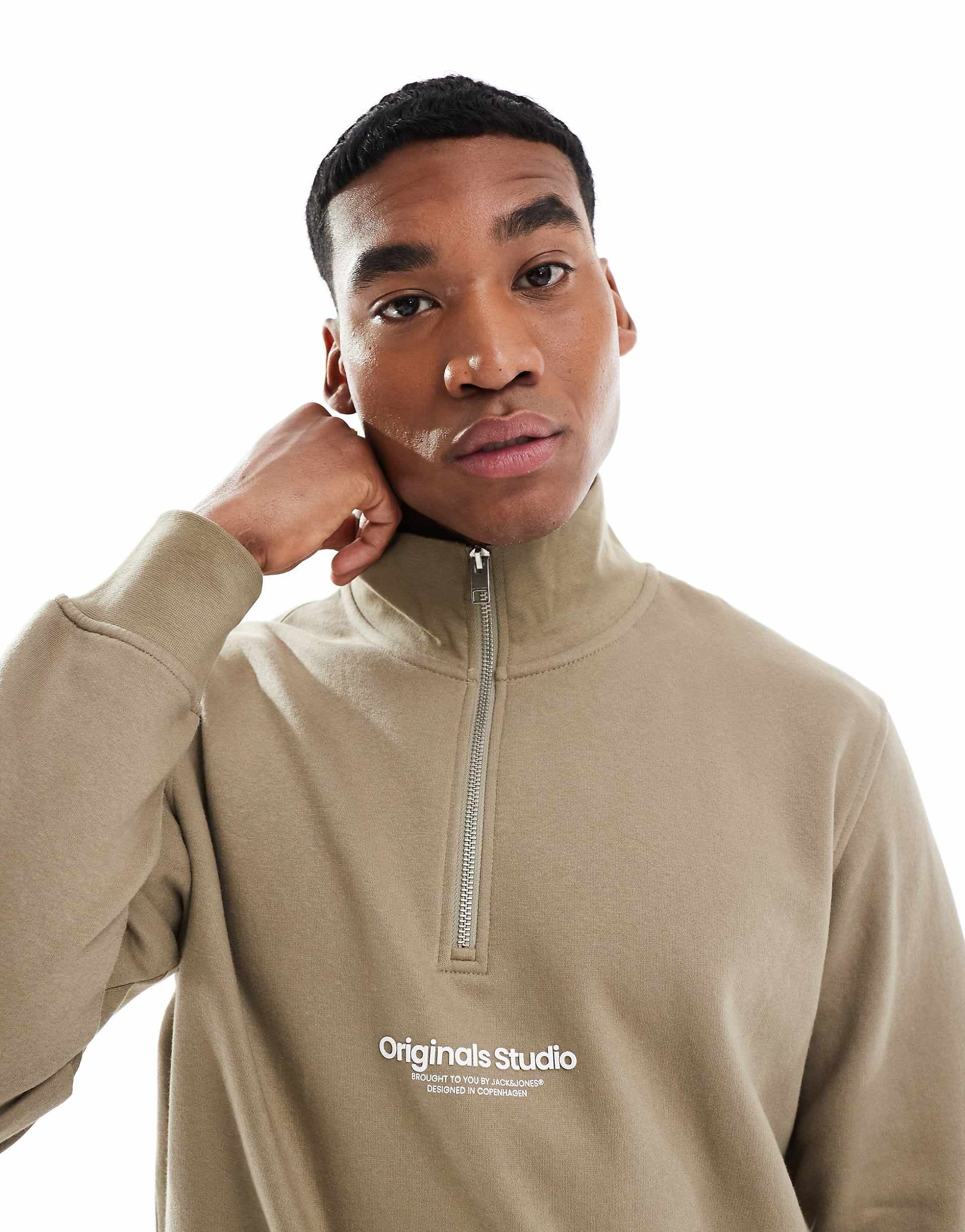Jack & Jones 1/4 zip sweat with logo in sage