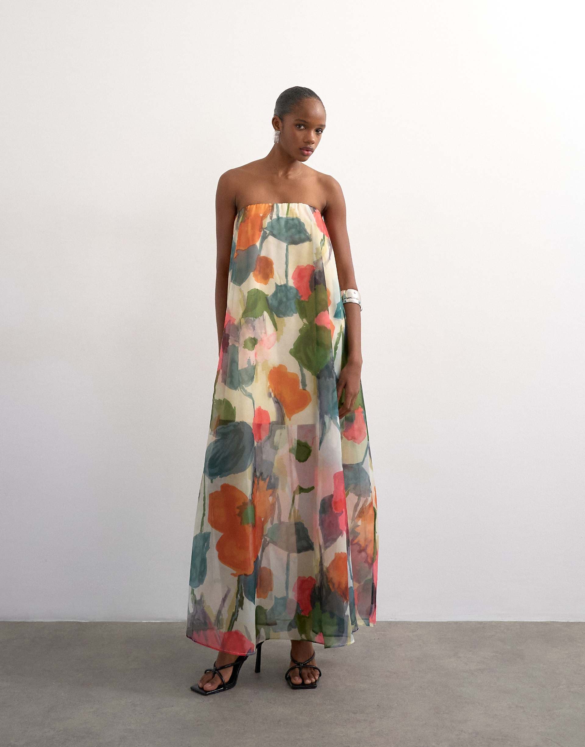 Topshop organza layered strapless maxi dress in blurred floral print