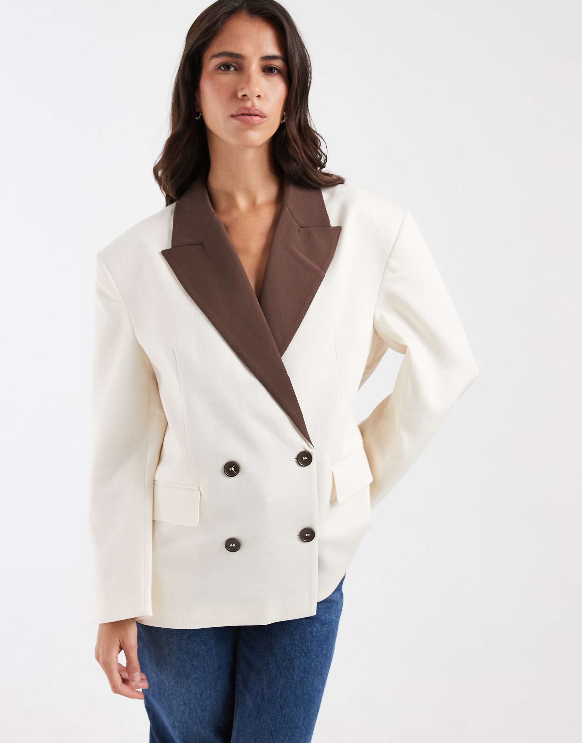 ASOS DESIGN linen blend contrast lapel blazer set in cream