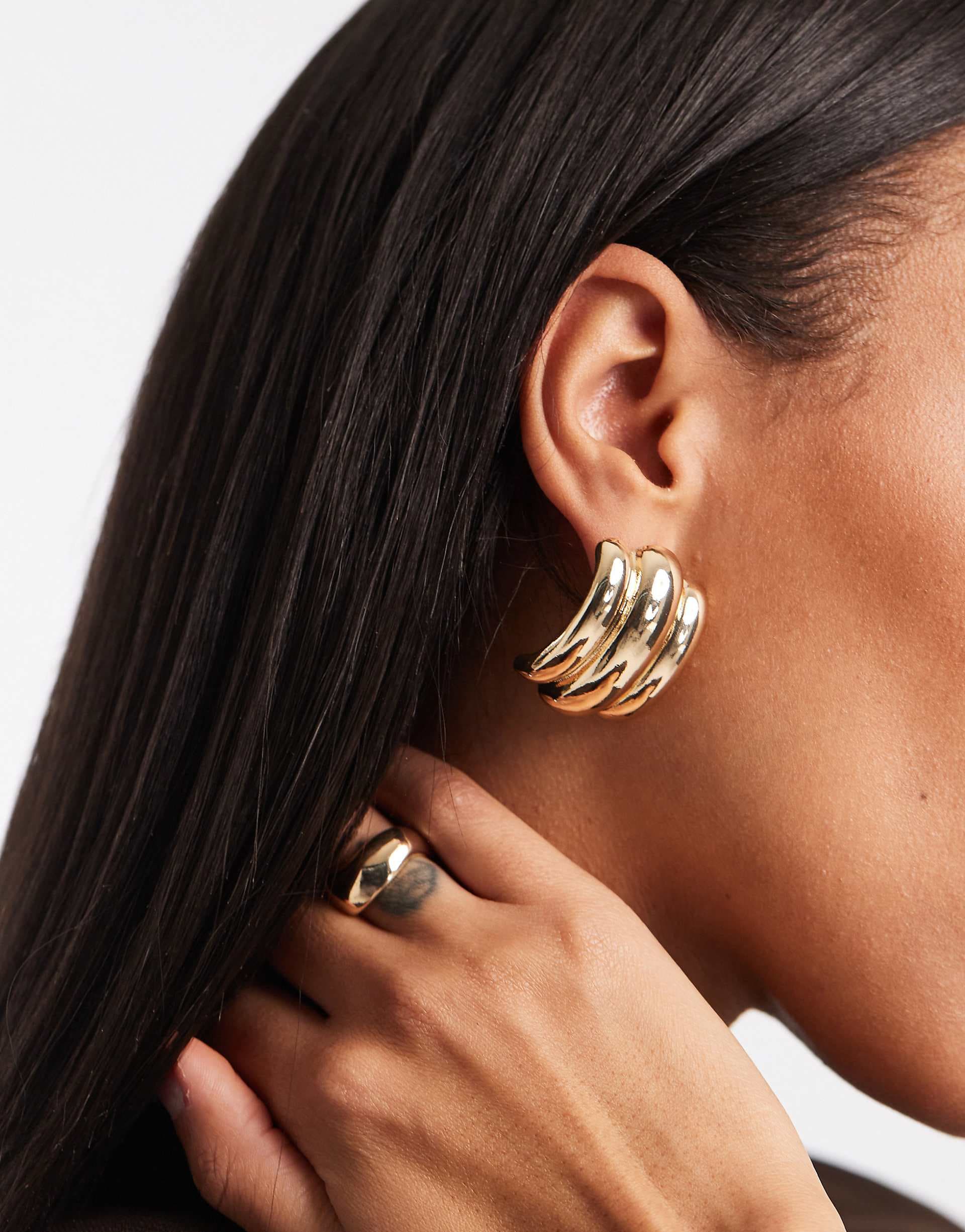 ASOS DESIGN large stud earrings with triple ridge design in gold tone