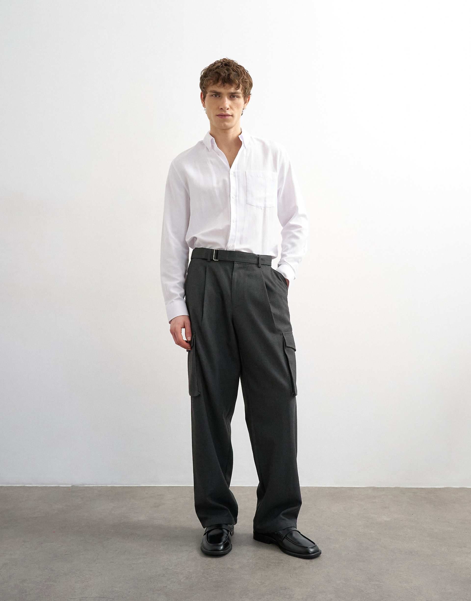 Topman wide leg belted dress pants with side pockets in charcoal