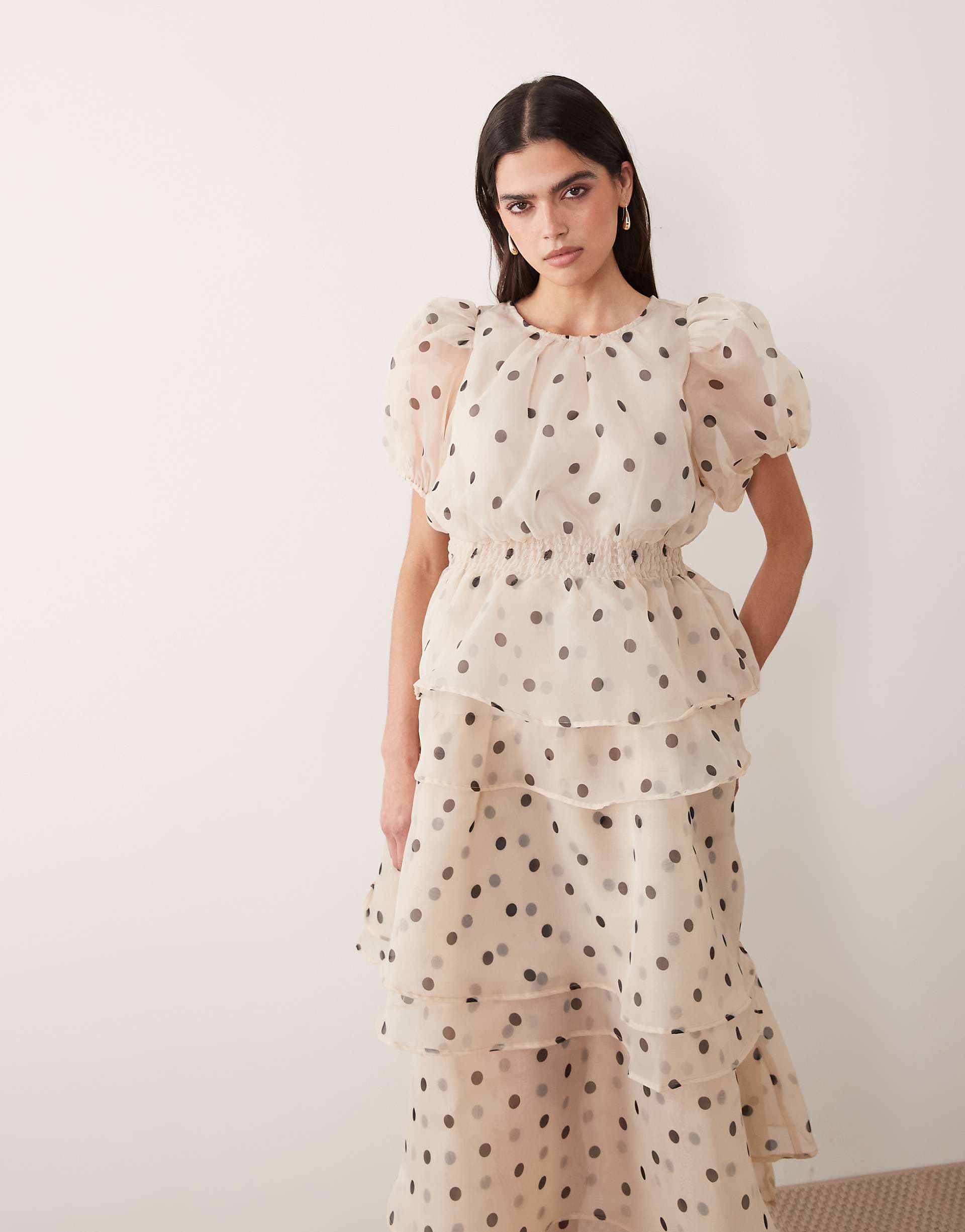 VILA polka dot volume sleeve ruffle midi dress in cream