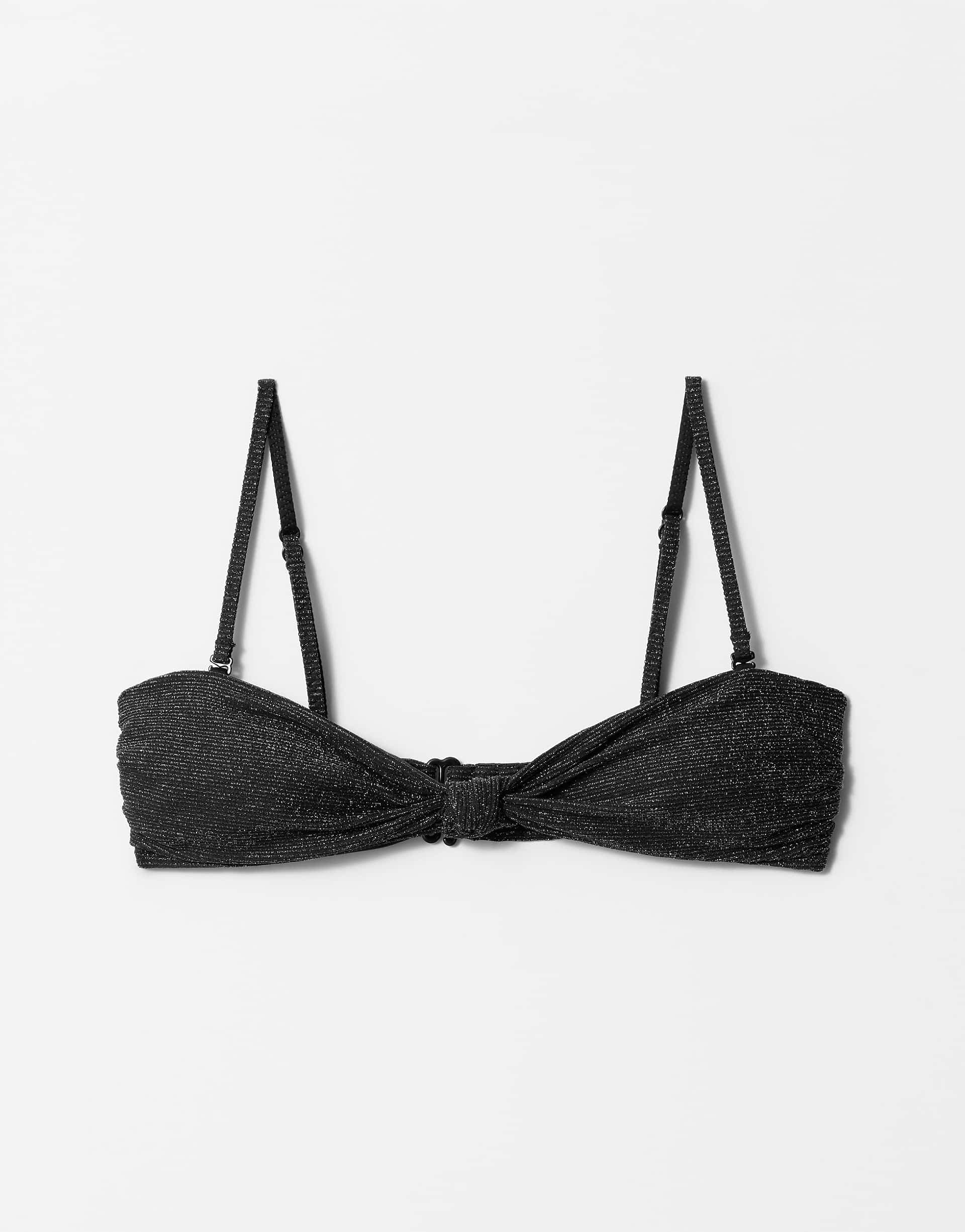 & Other Stories mix and match knot front bandeau bikini top with gold glitter thread and removable padding in black