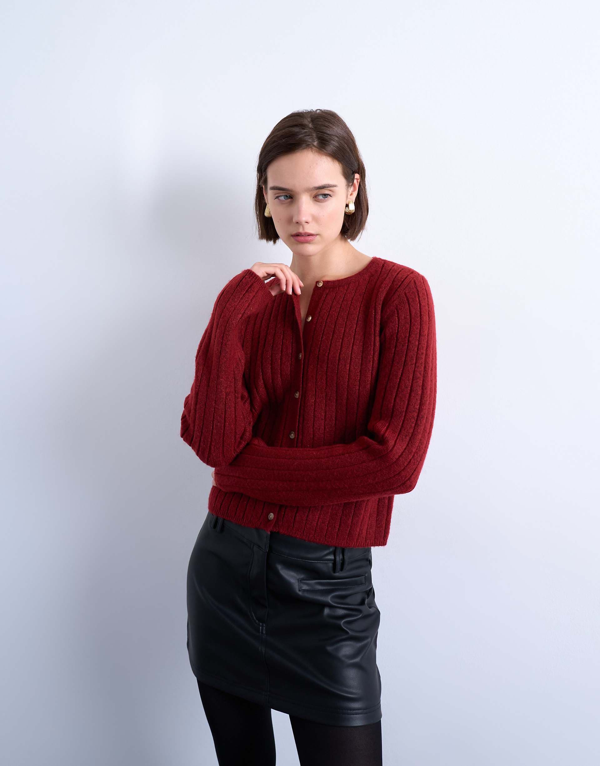 Topshop knit ribbed button crew cardigan in red