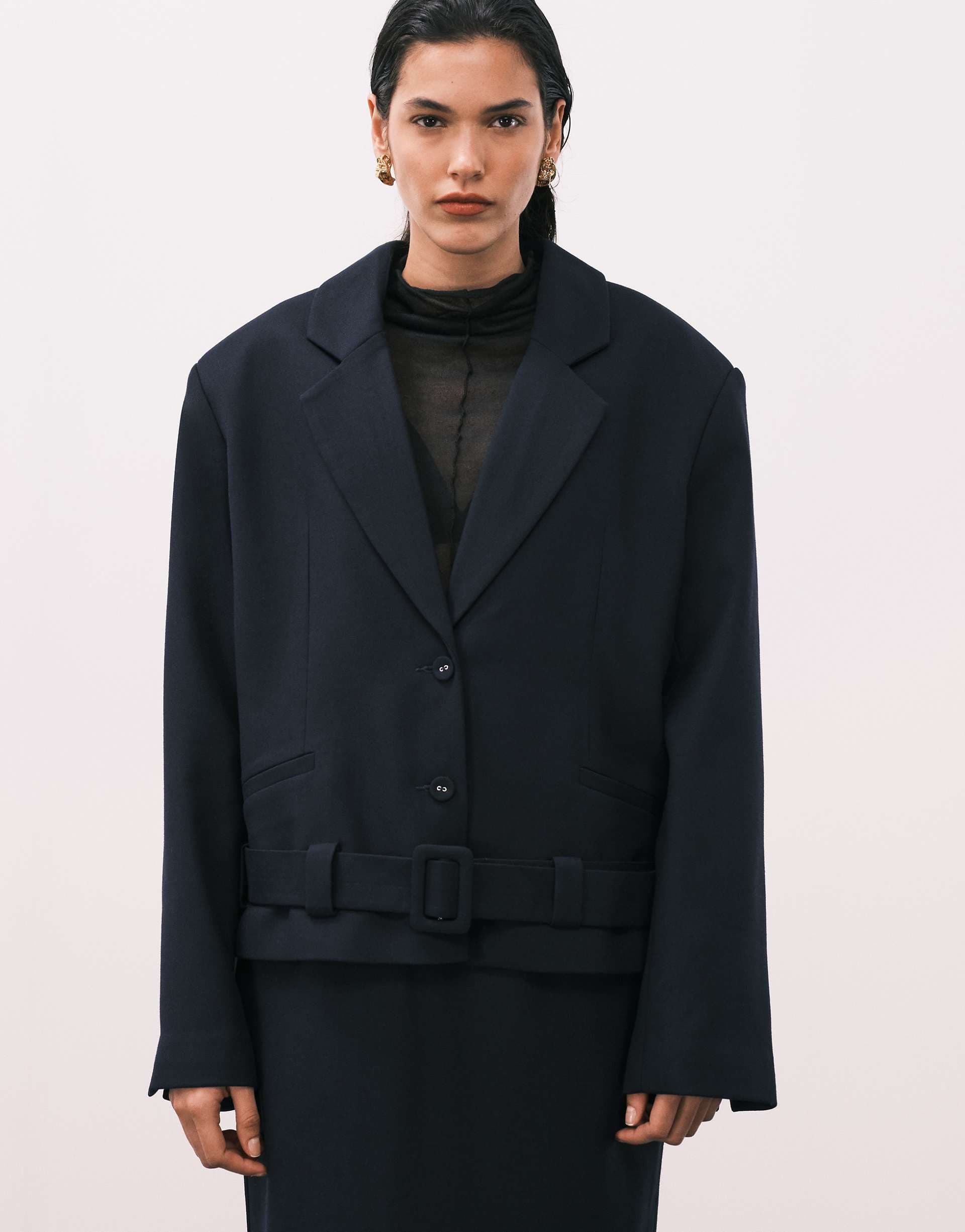 ASOS DESIGN tailored super oversized belted hem blazer in navy