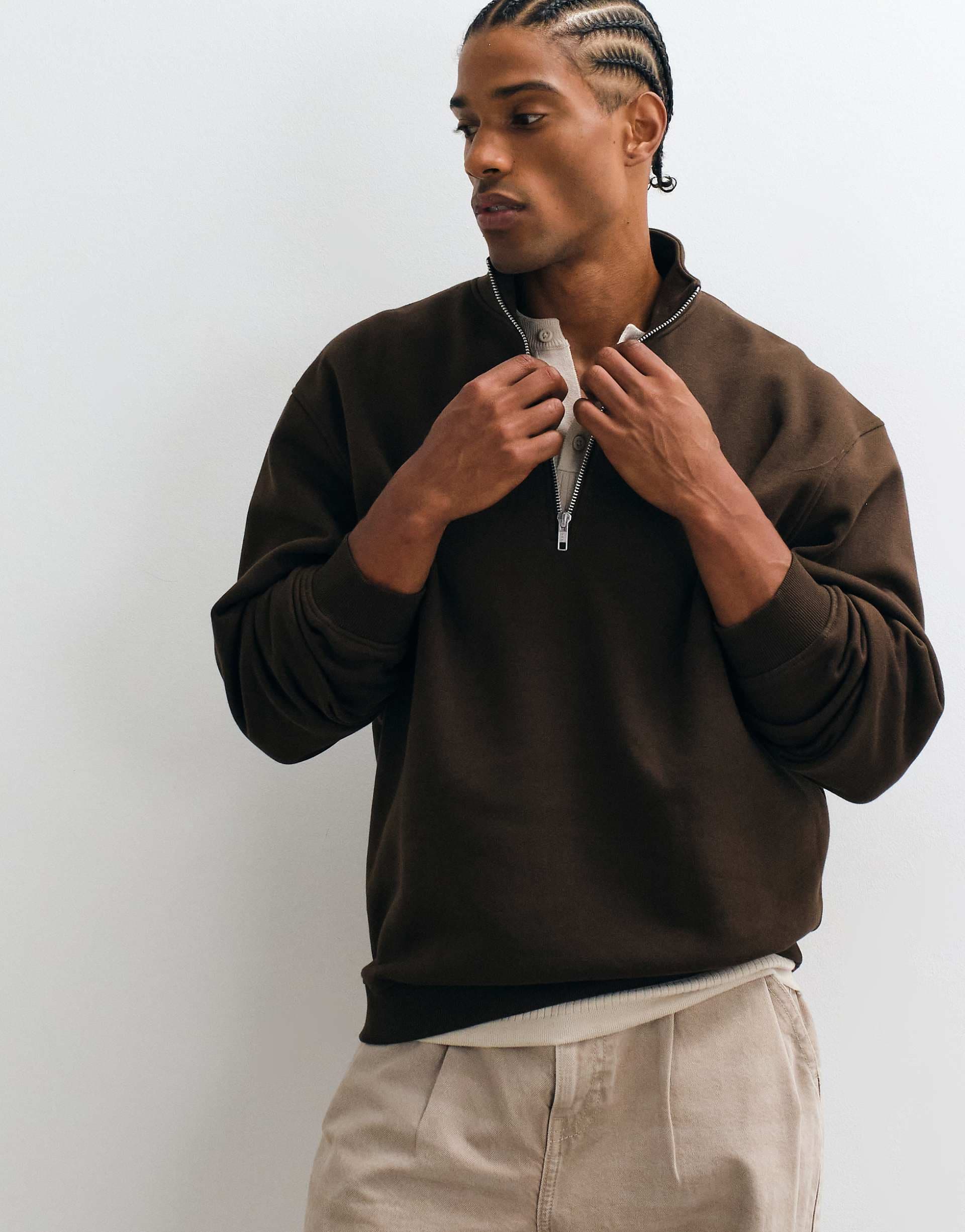 ASOS DESIGN essentials relaxed quarter zip sweatshirt in brown