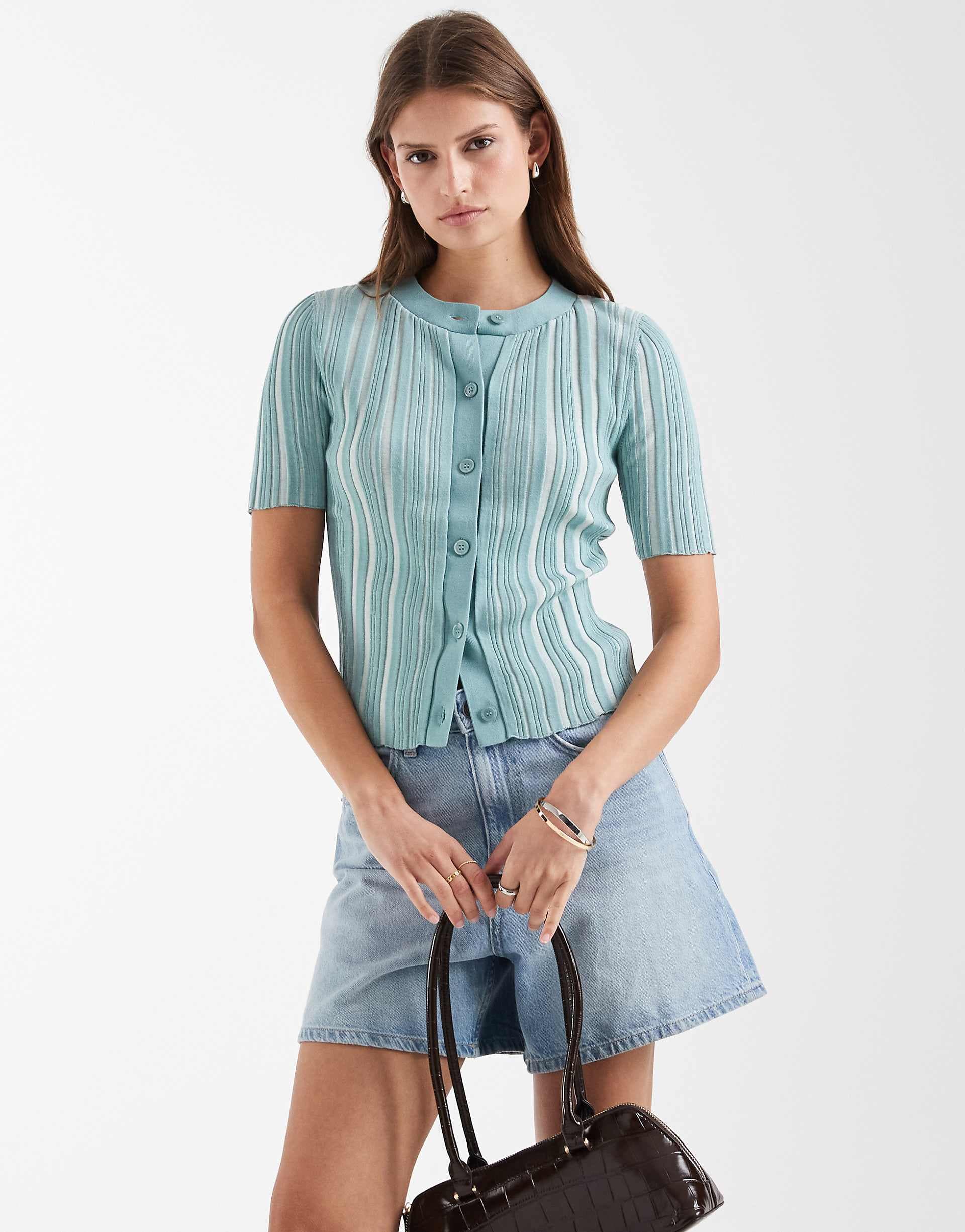 & Other Stories knit ribbed short sleeve cardigan in aqua blue