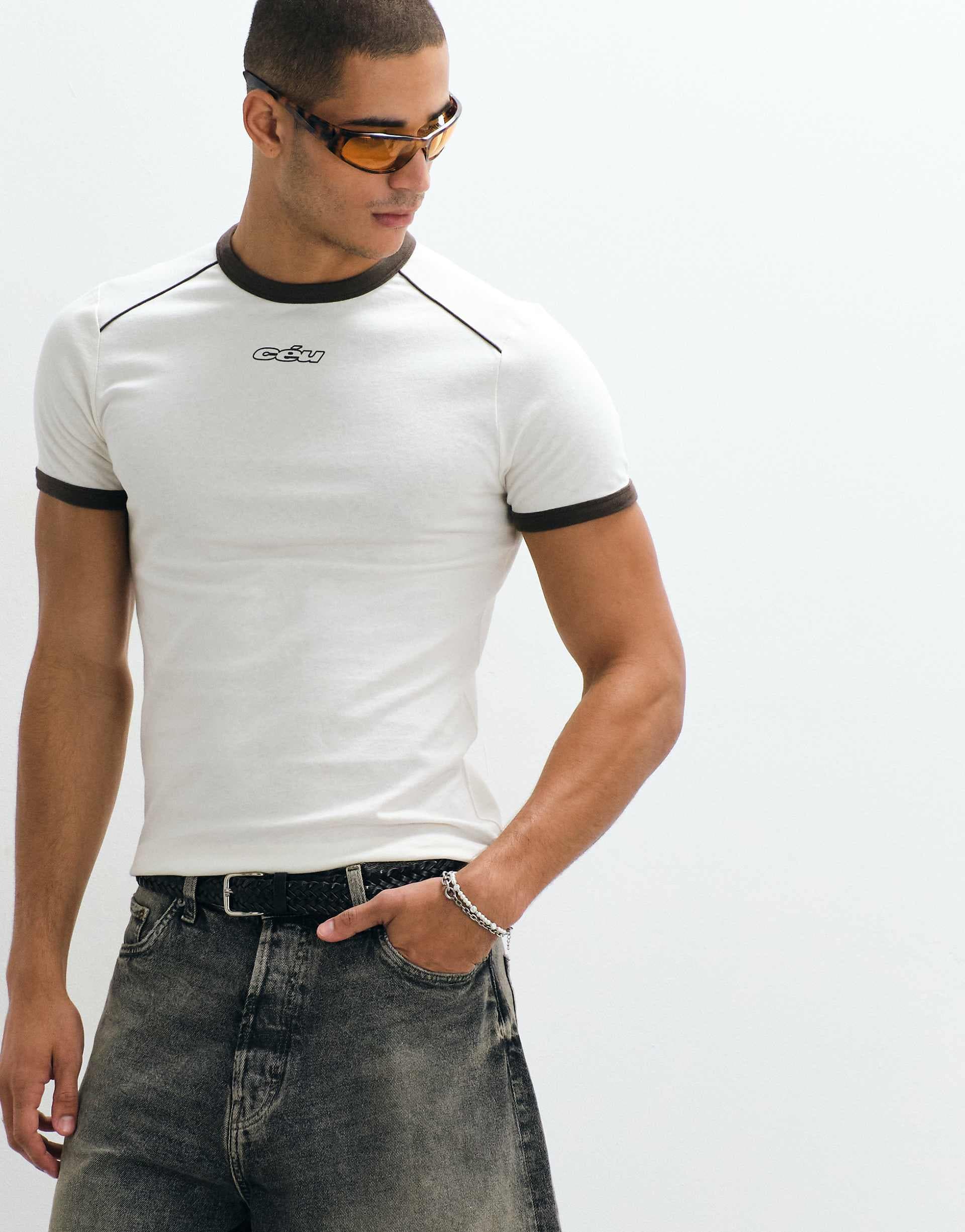 ASOS DESIGN slim ringer T-shirt with ceu graphic in cream