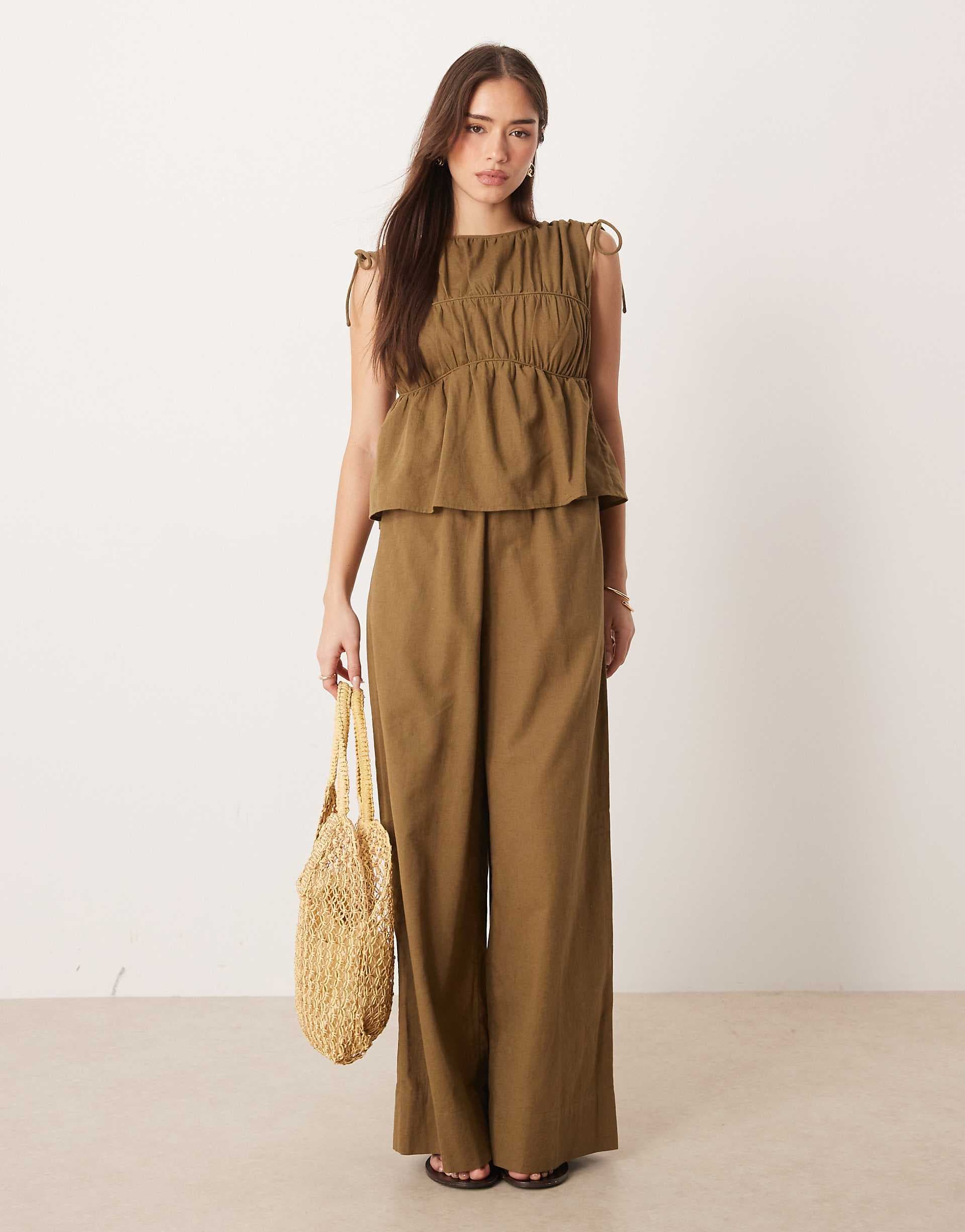ASOS DESIGN double layer jumpsuit with gathered bust detail in olive green