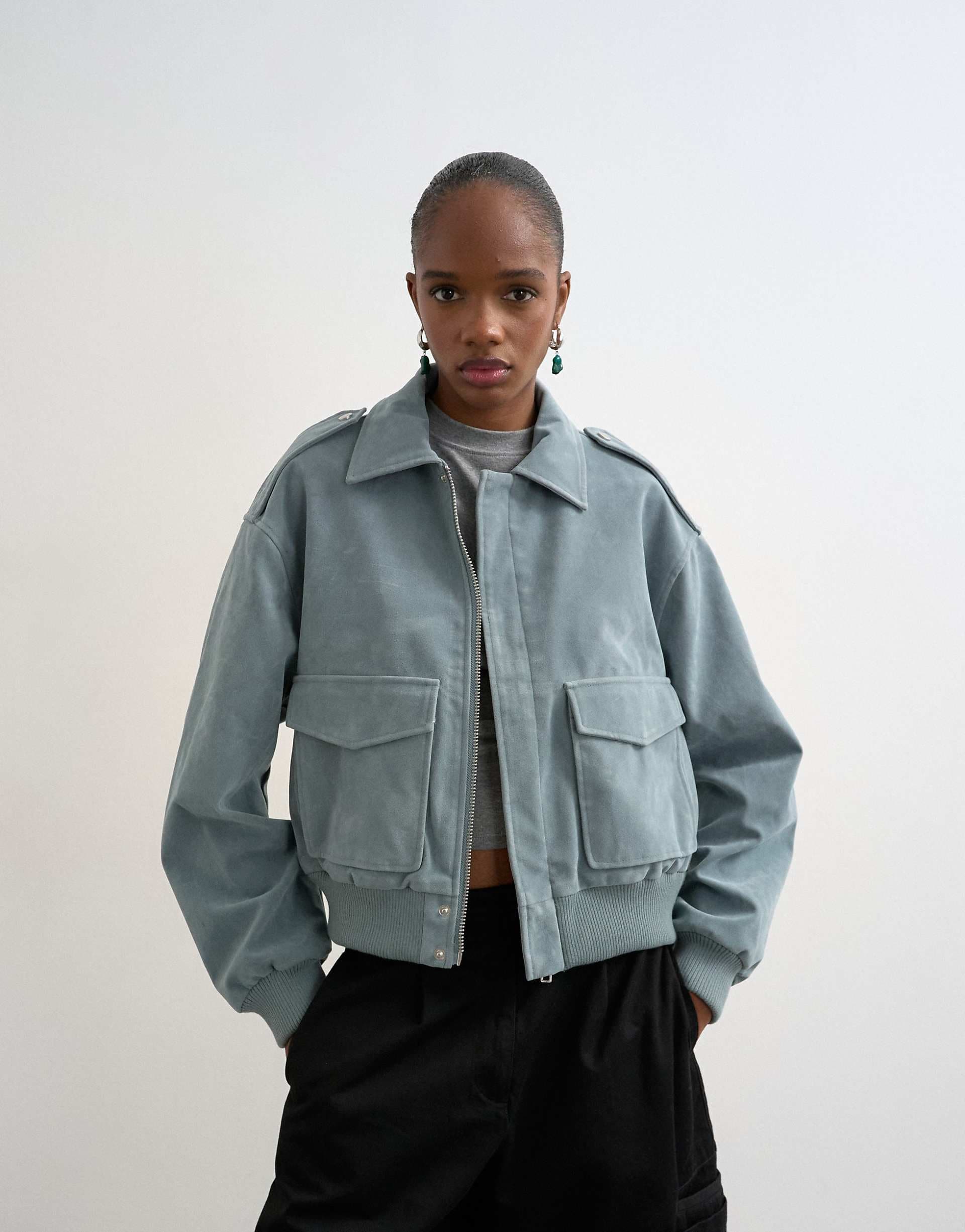 Topshop faux suede zip up jacket with patch pockets in blue