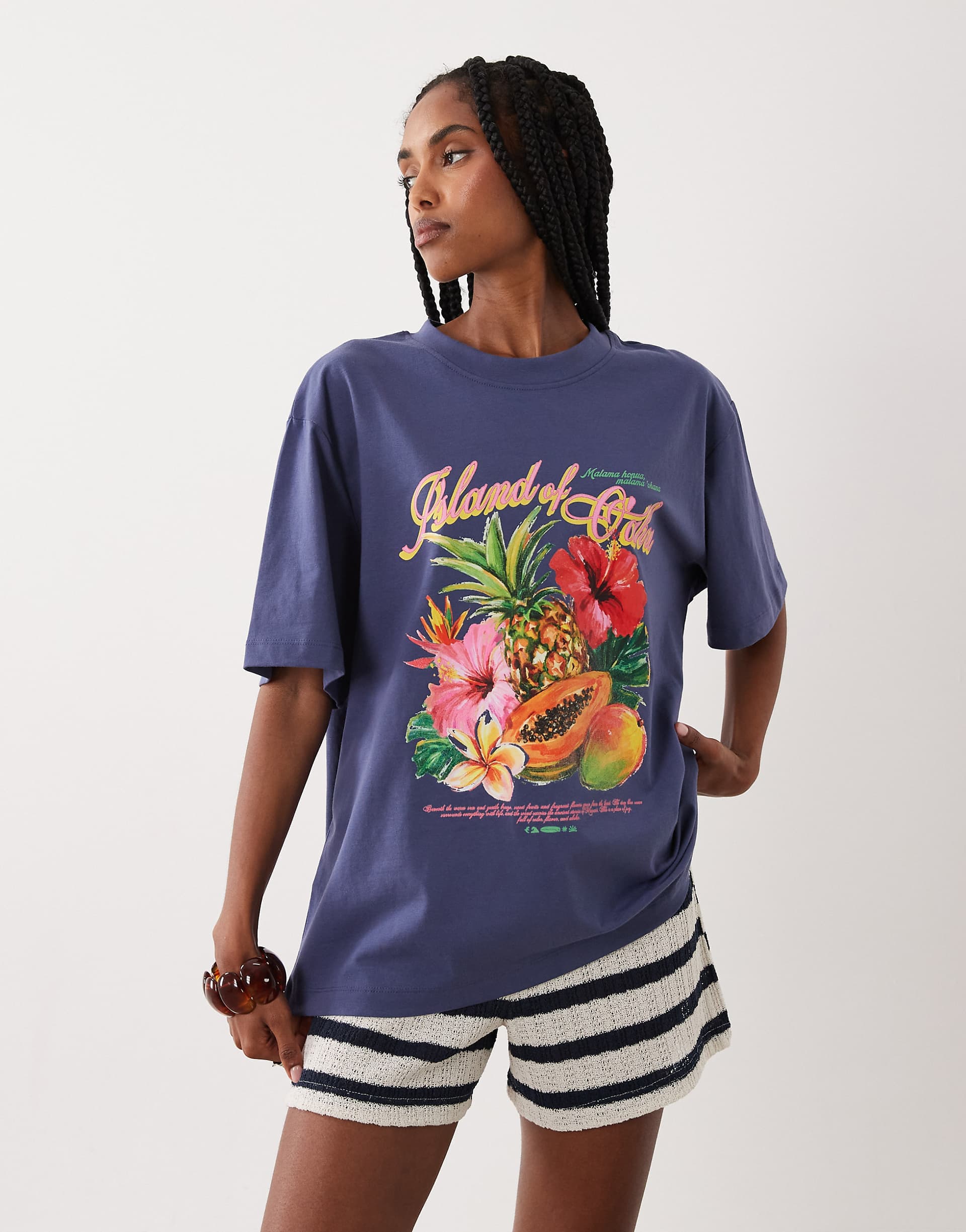 ASOS DESIGN oversized T-shirt with Oahu tropical fruit graphic in blue