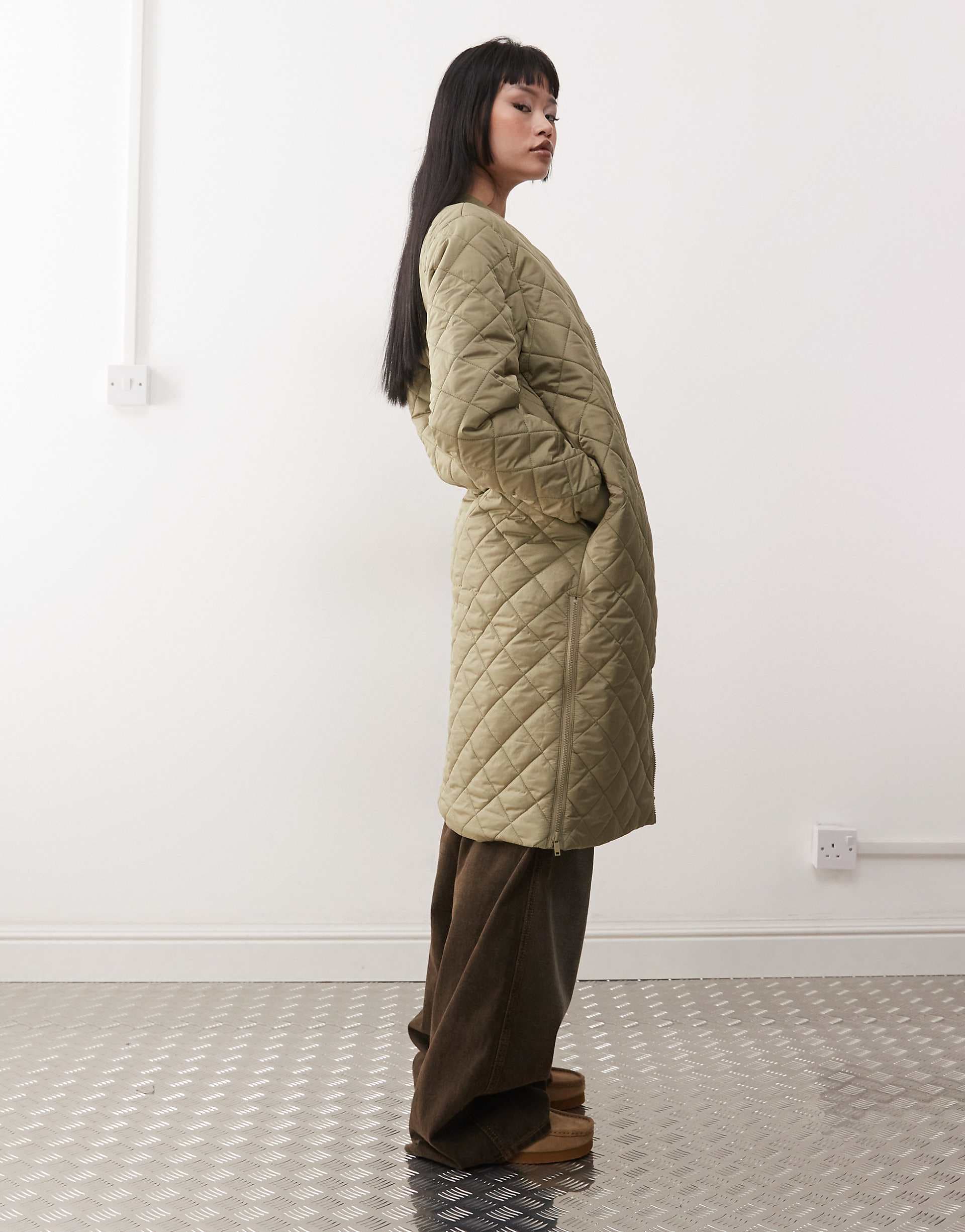 Noisy May quilted longline jacket in sage