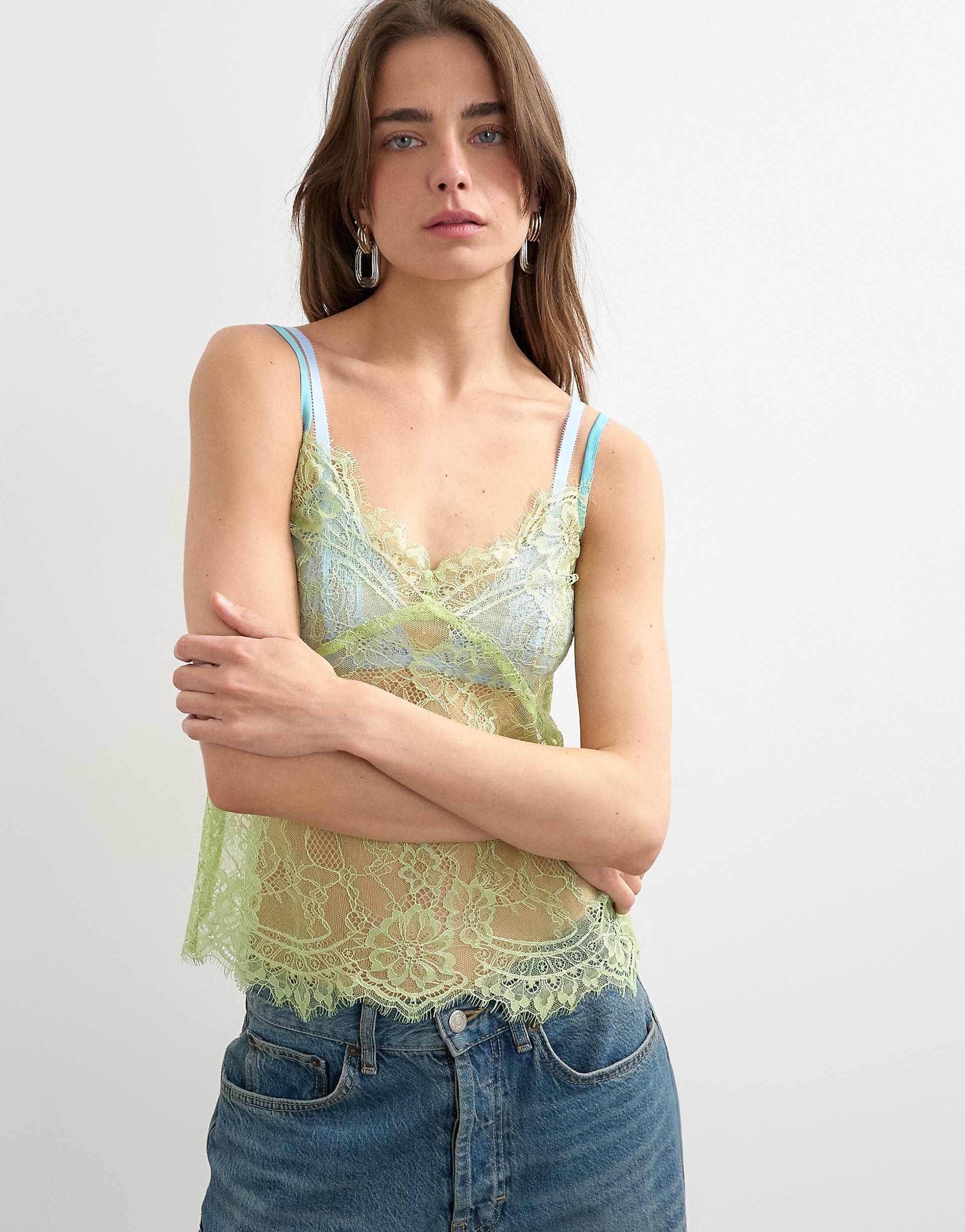 Topshop lace cami top in lime green with blue tipping