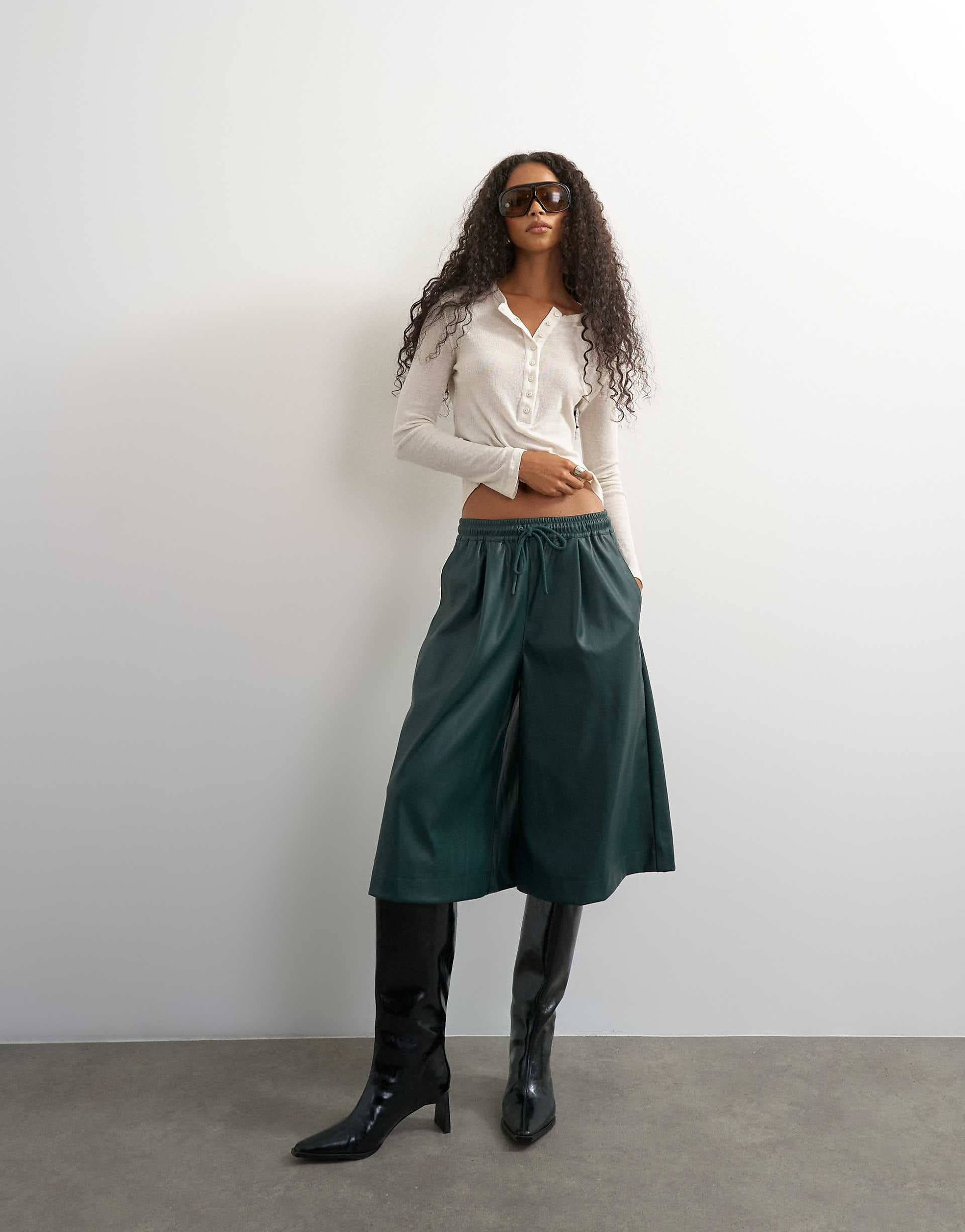 Topshop faux leather culottes in green