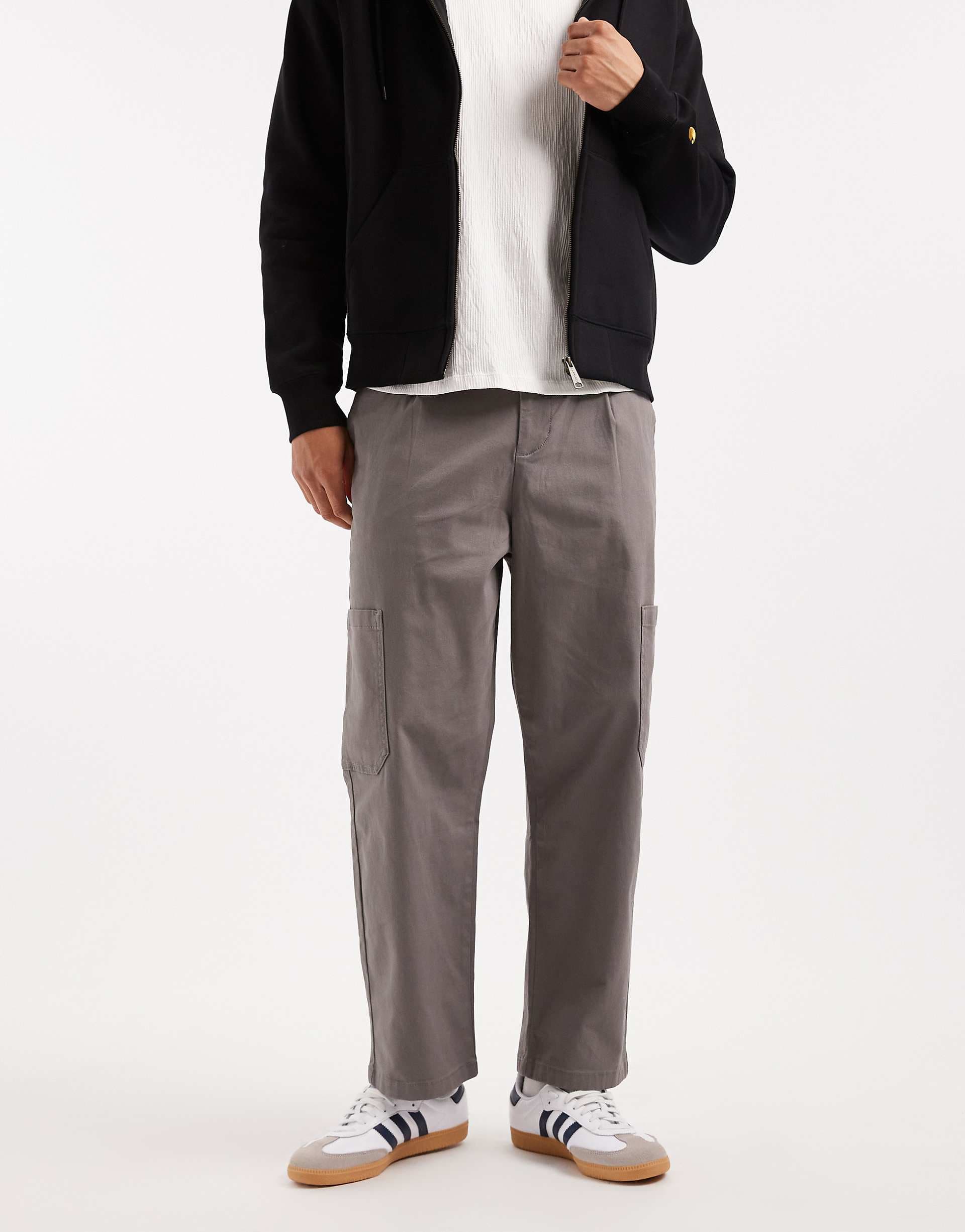 ASOS DESIGN relaxed tapered cargo trousers in charcoal with pleats