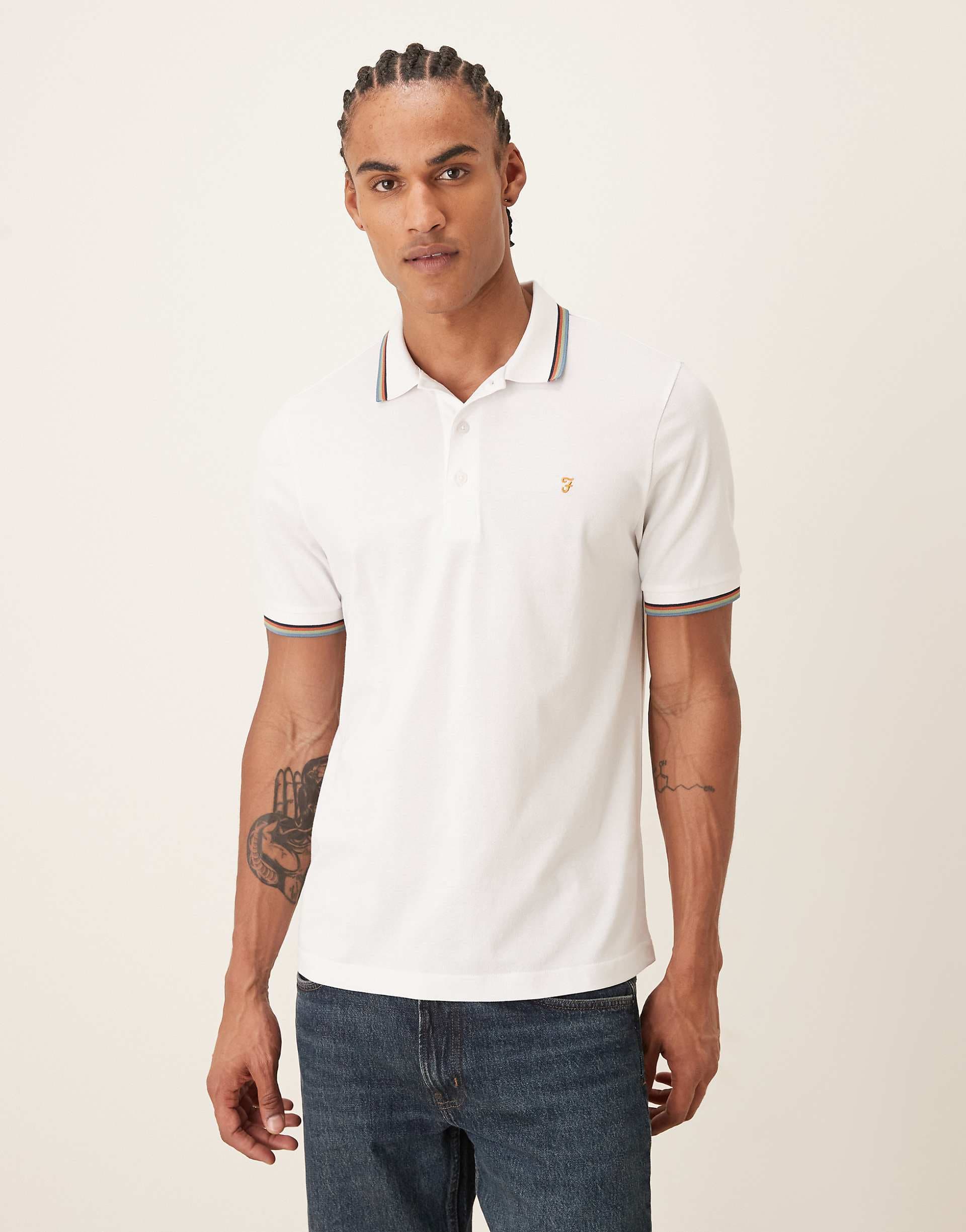 Farah Elton short sleeve tipped logo polo shirt in white