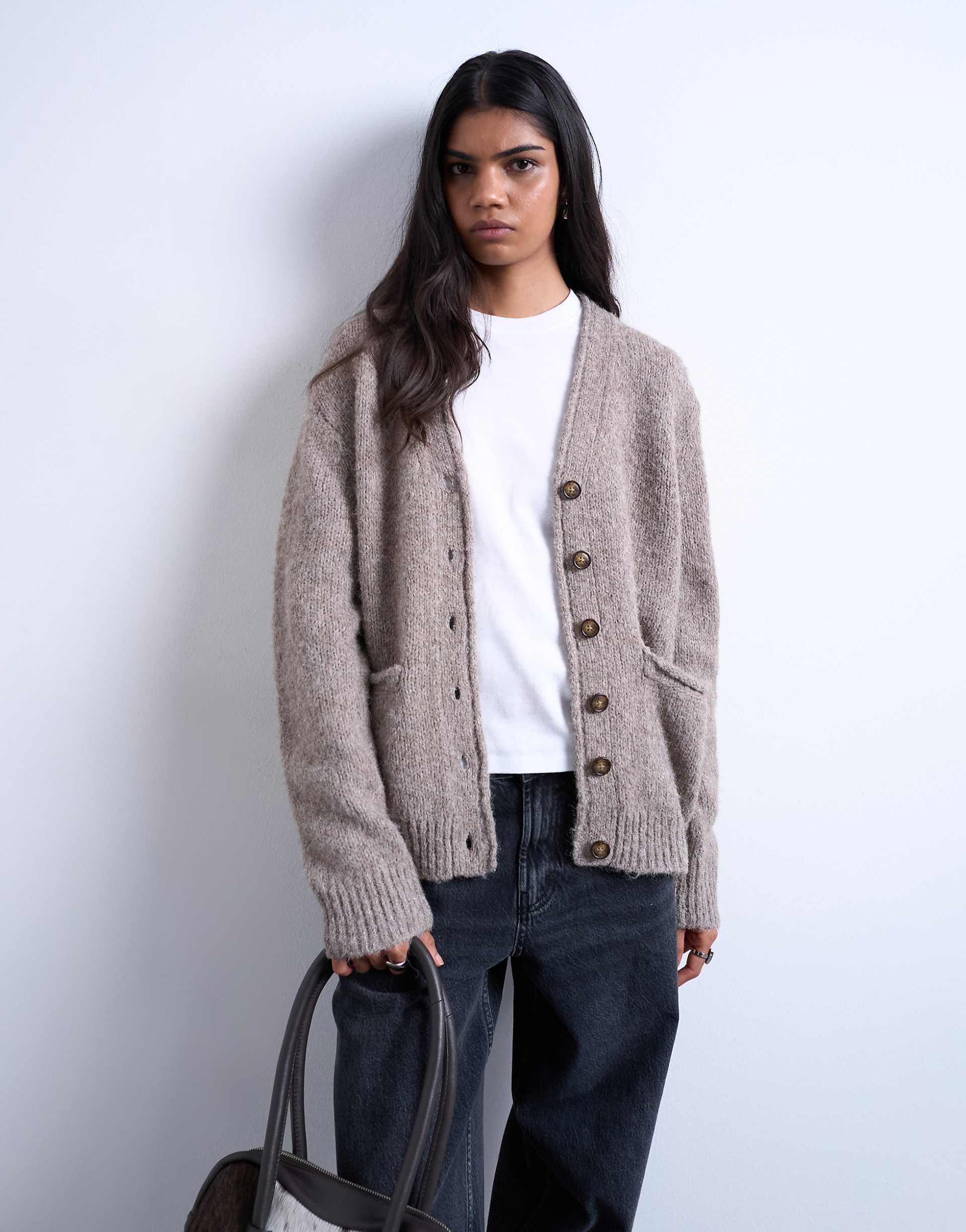 Topshop knit longline pocketed chunky wool mix cardigan
