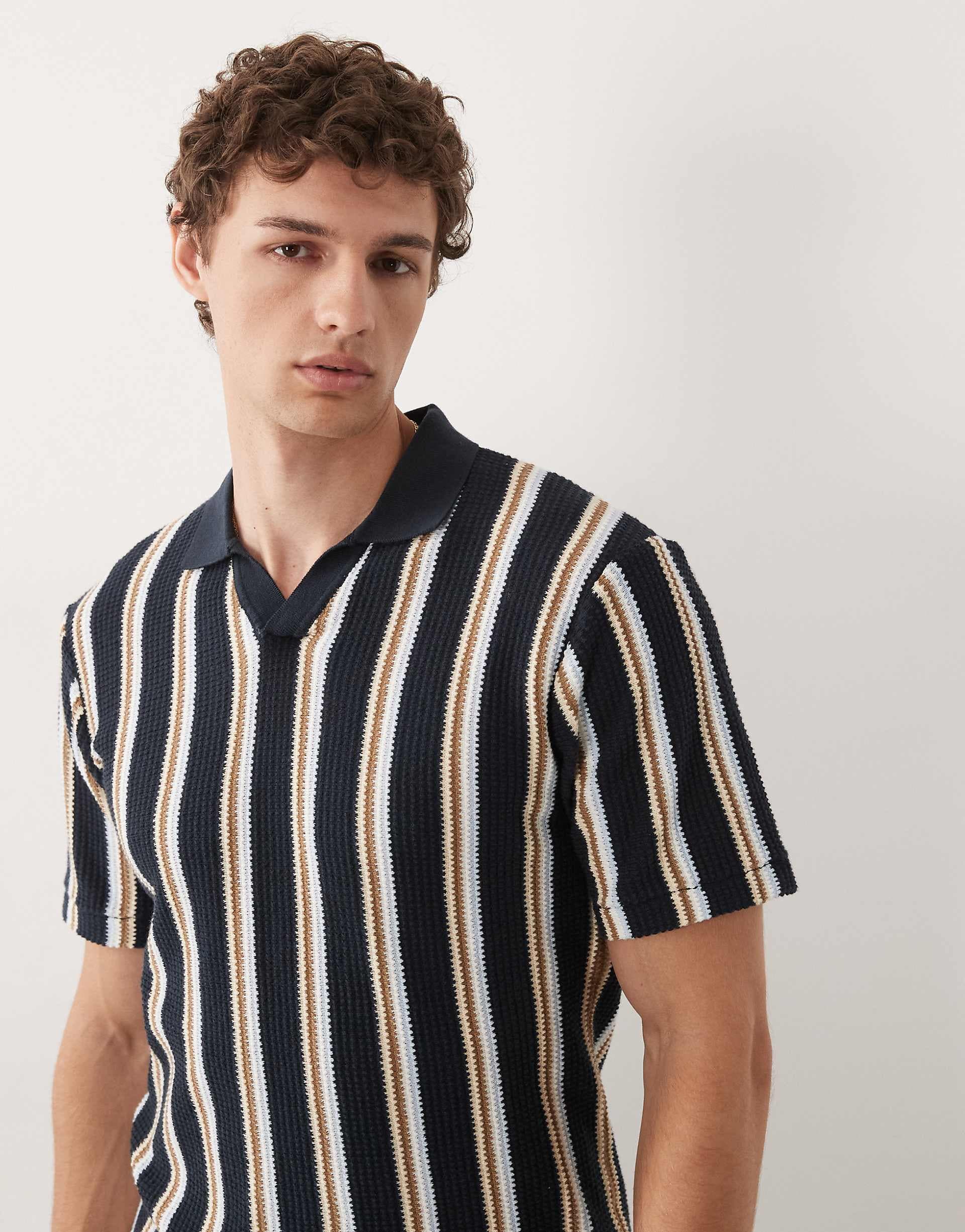 BLEND 100% cotton knit regular fit open collar polo in navy stripes