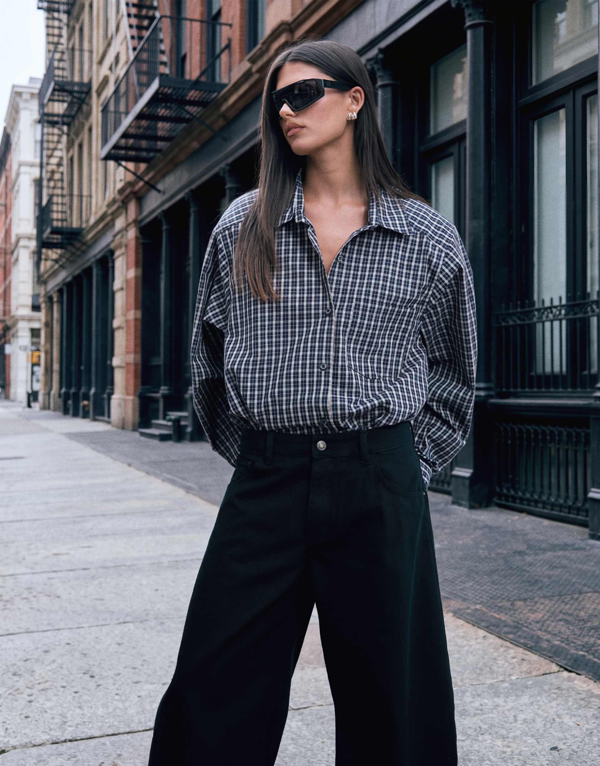 Lioness Notting Hill cotton oversized shoulder pad detailing multiway button up shirt in navy and lemon plaid