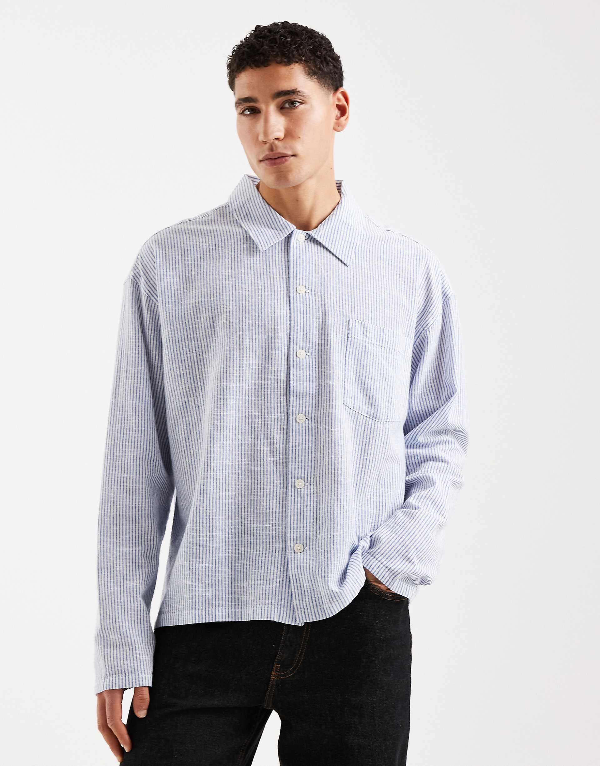 Jack & Jones boxy seersucker long sleeve shirt in blue and white stripes