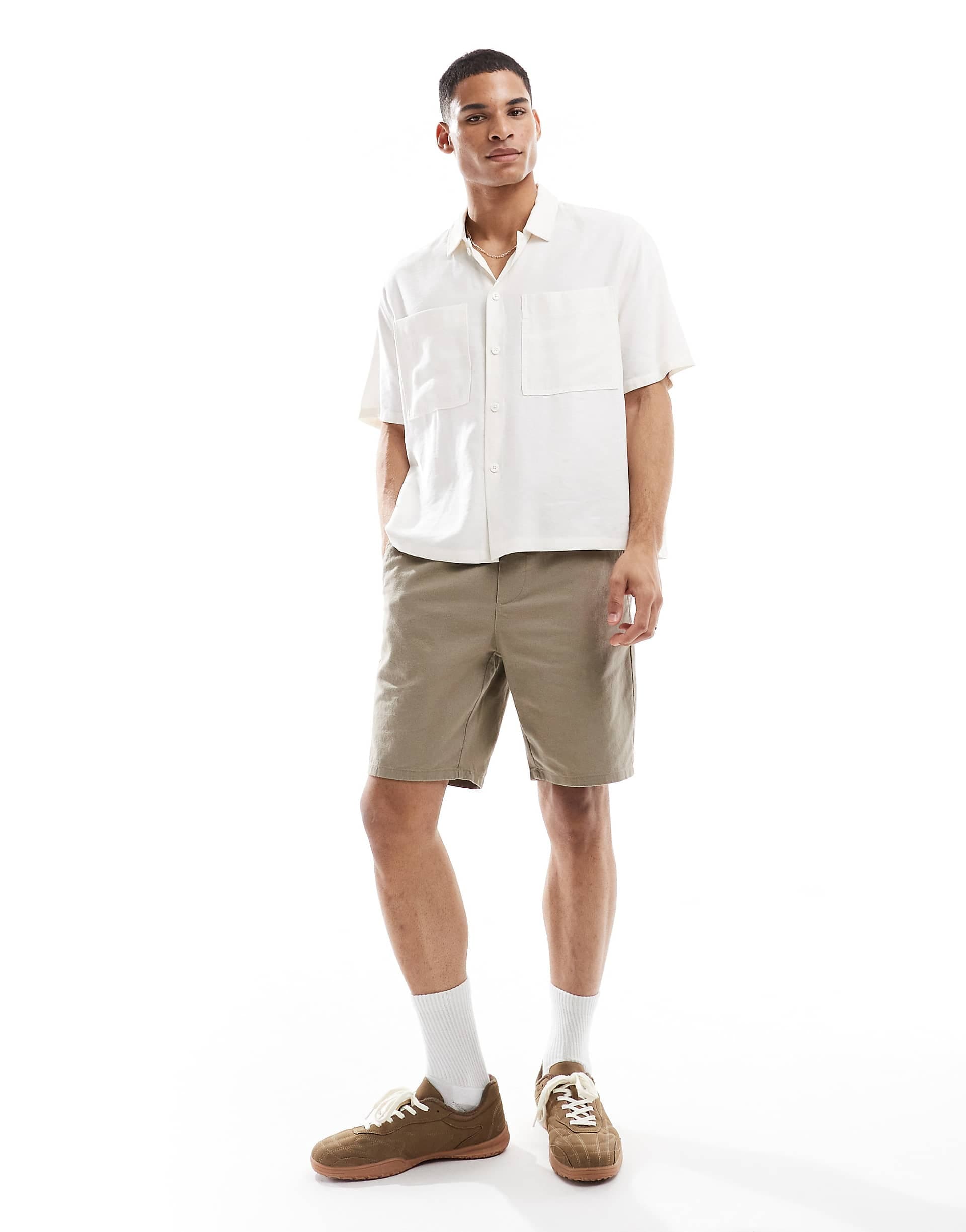 ONLY & SONS linen mix tie waist shorts in taupe
