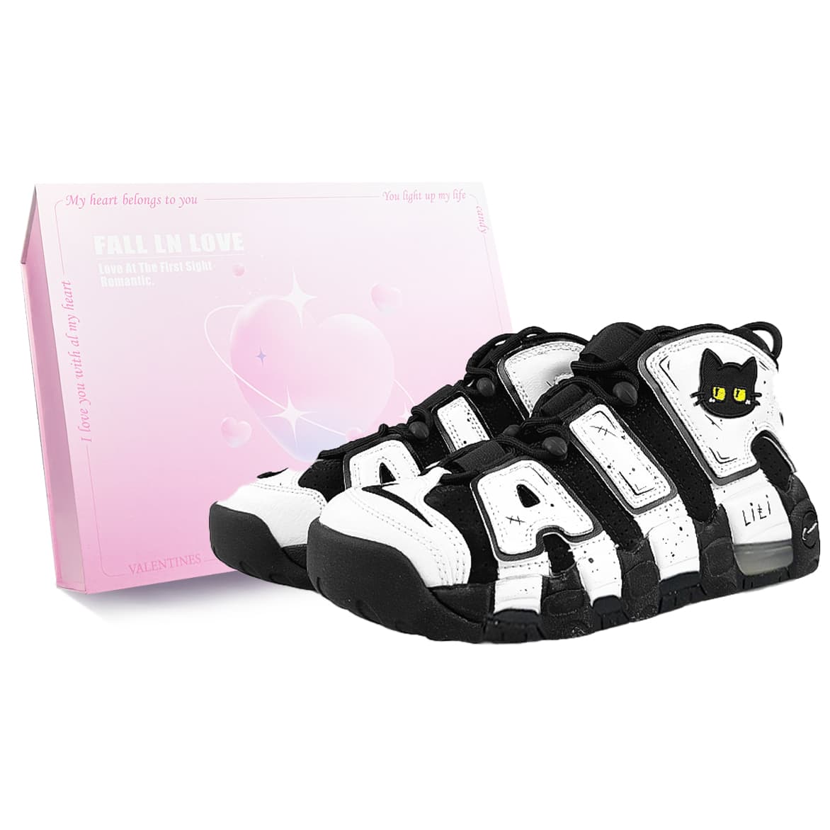 Custom Sneakers Nike Air More Uptempo Couples Gift Box 'Black Cat Lili' Cartoon Patchwork Slip-Resistant Wear-Resistant Mid-Top Retro Basketball Shoes Women's Black