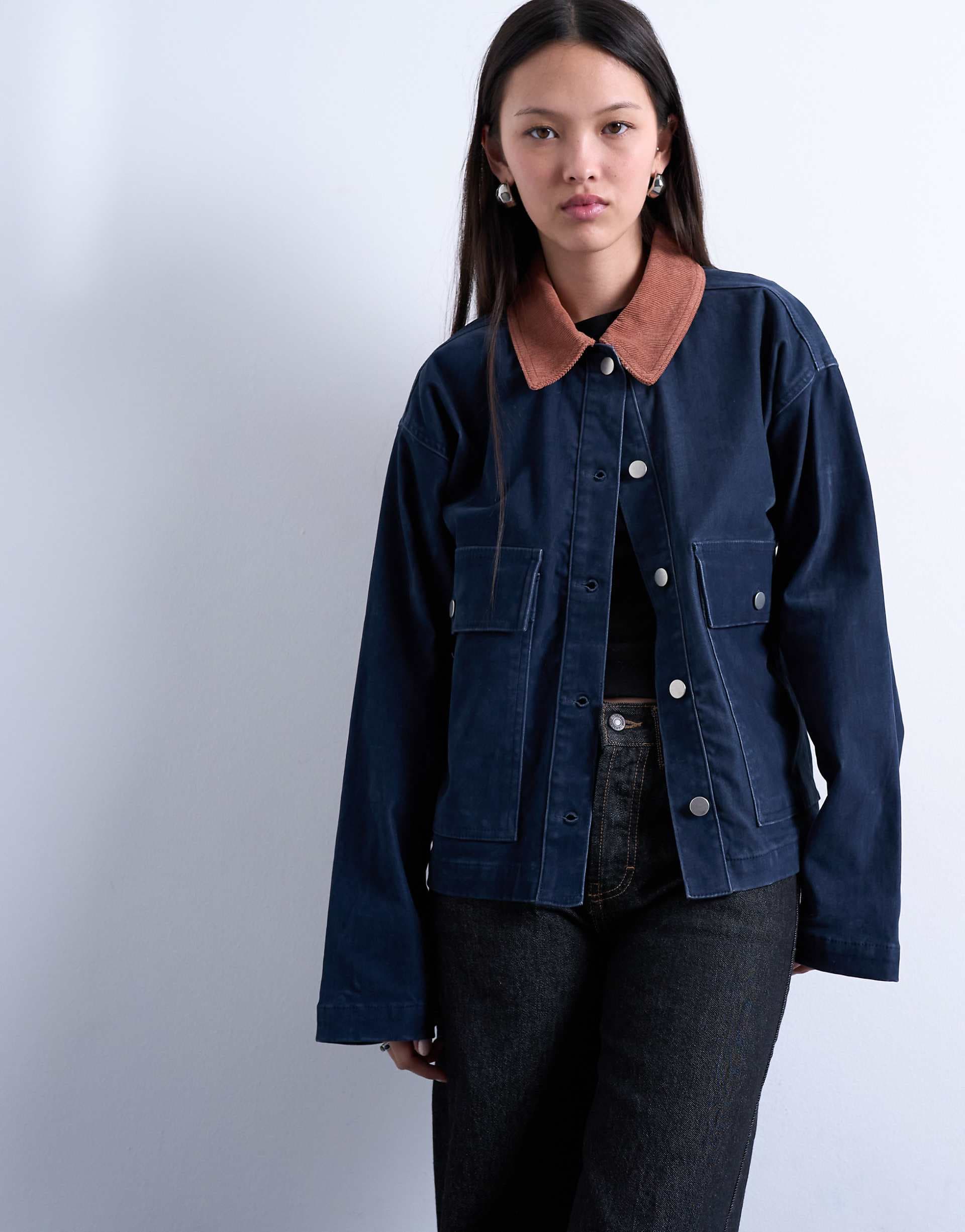 Topshop cut corduroy jacket with contrast corduroy collar in navy