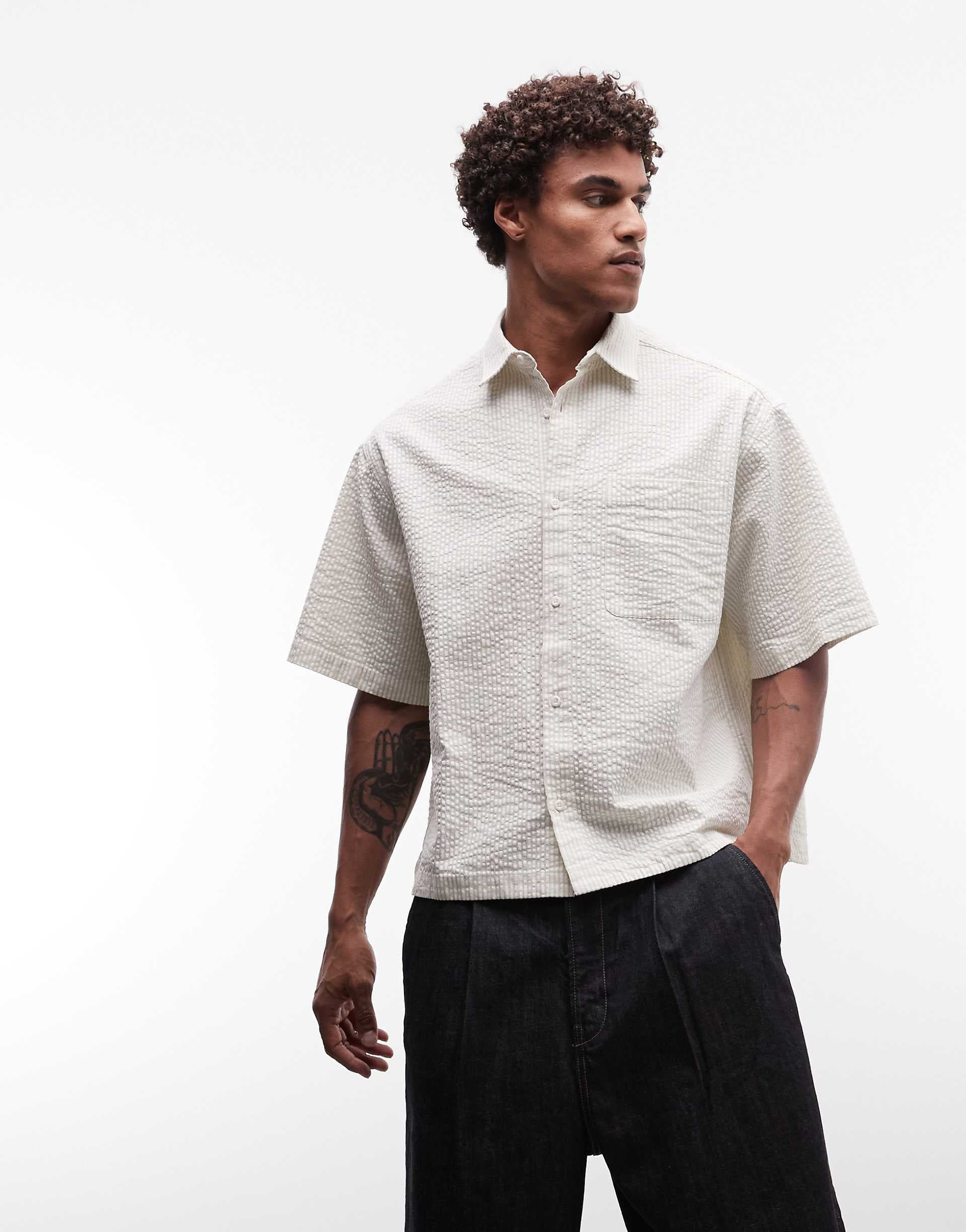 ASOS DESIGN boxy oversized seersucker striped shirt in white and beige