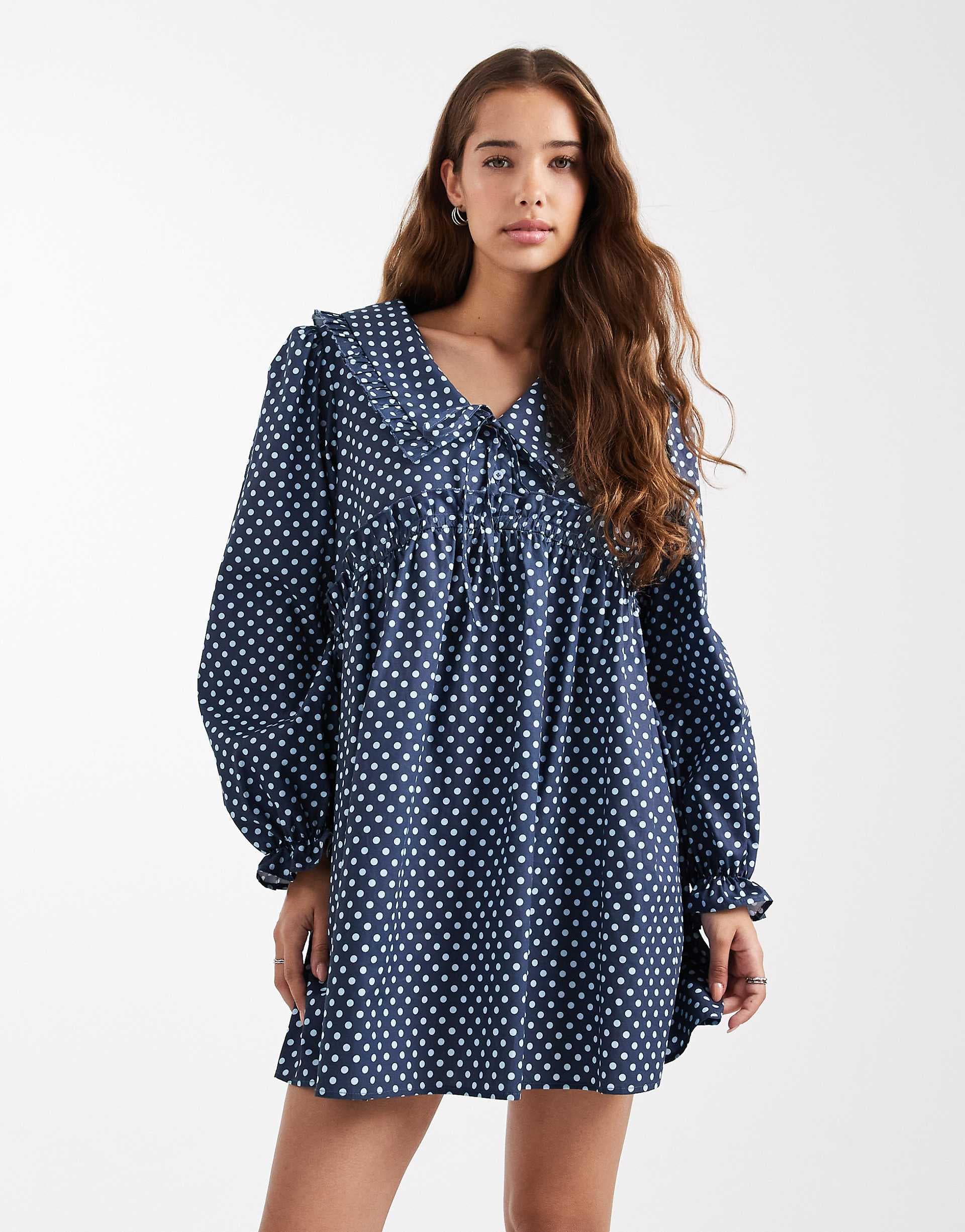 Daisy Street volume sleeve smock dress with oversized collar in polka dot