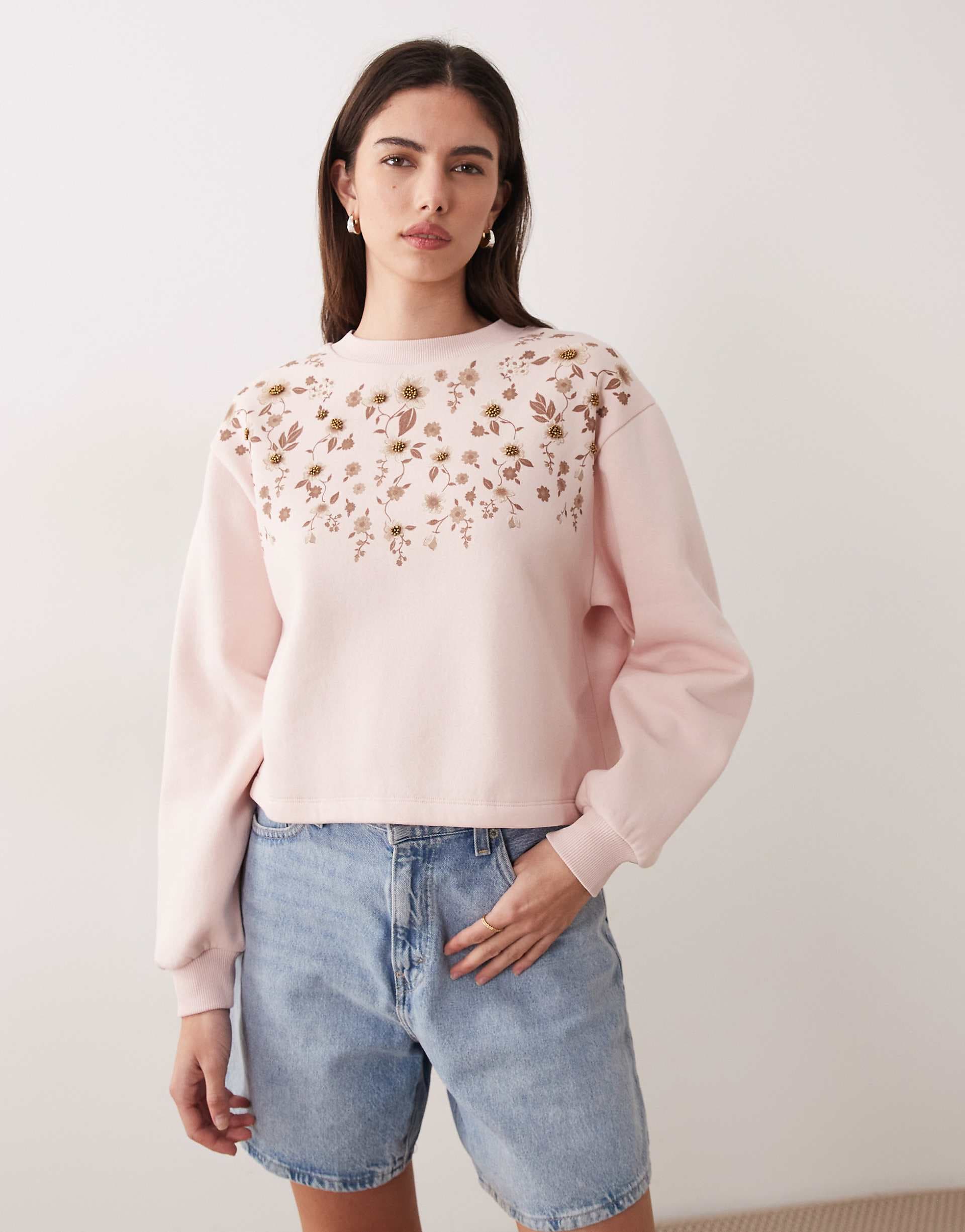 Miss Selfridge floral sweatshirt with embellishment in pink
