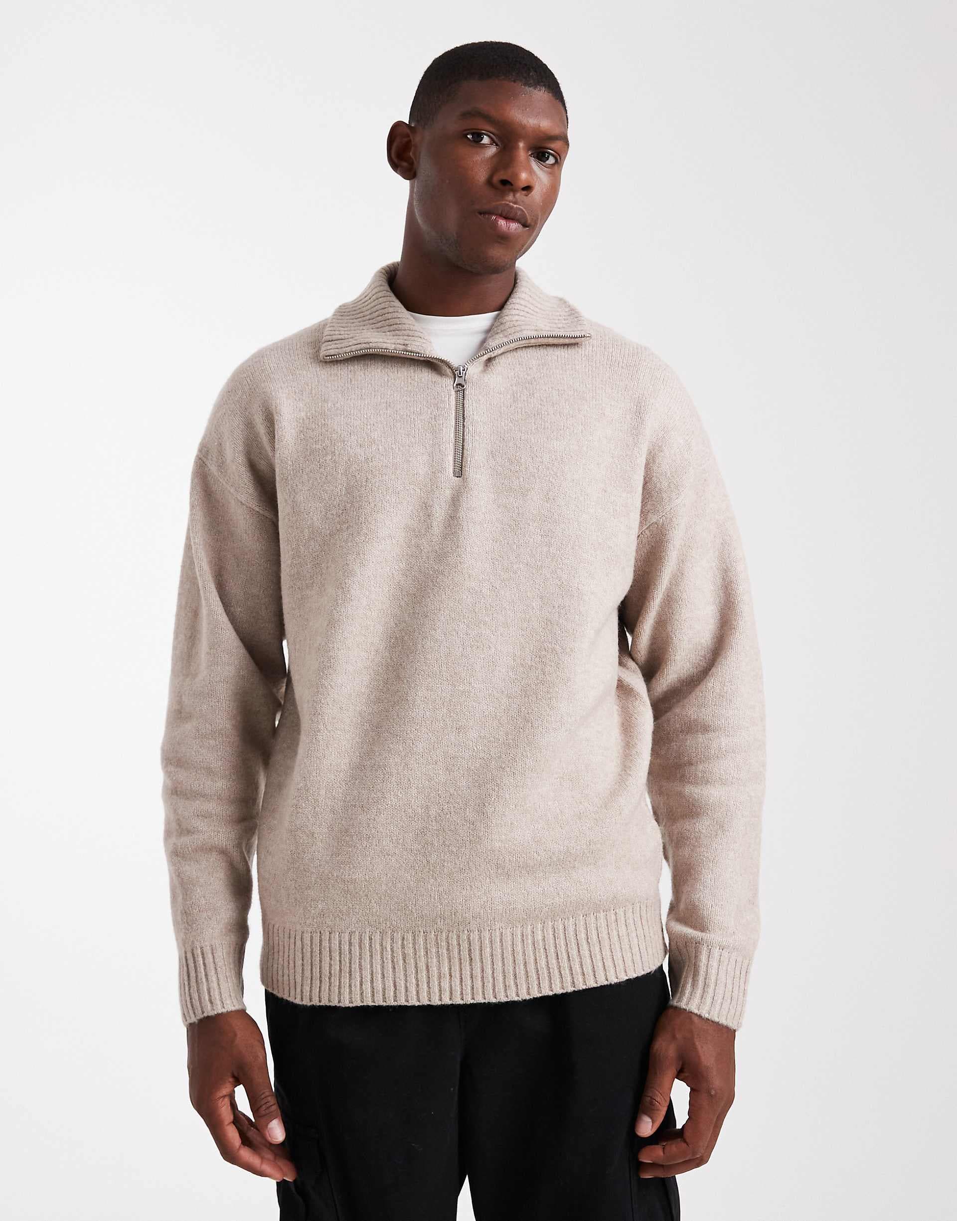Jack & Jones fluffy quarter zip sweater in gray