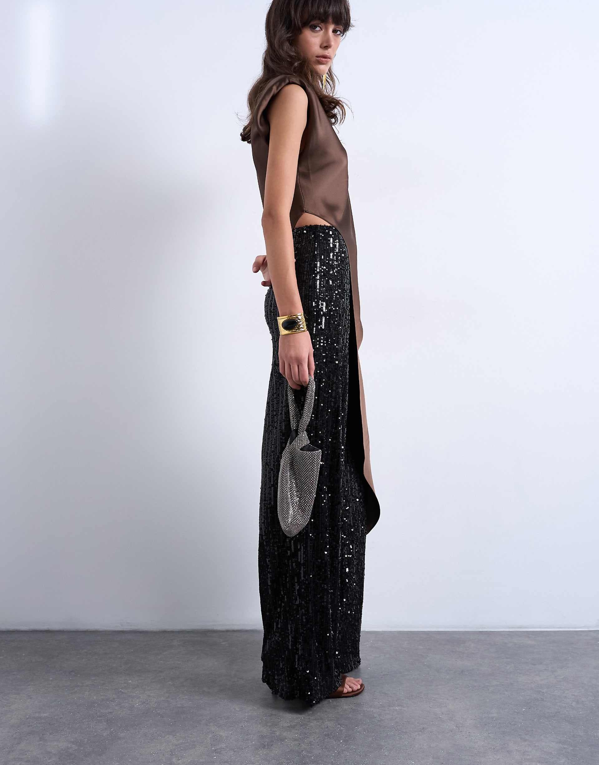 Topshop sequin wide leg pants in black