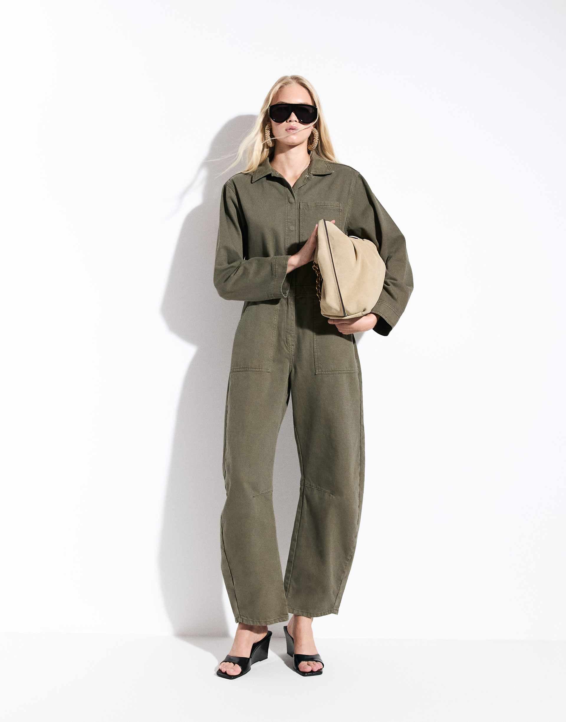 ASOS DESIGN denim horn leg jumpsuit in khaki