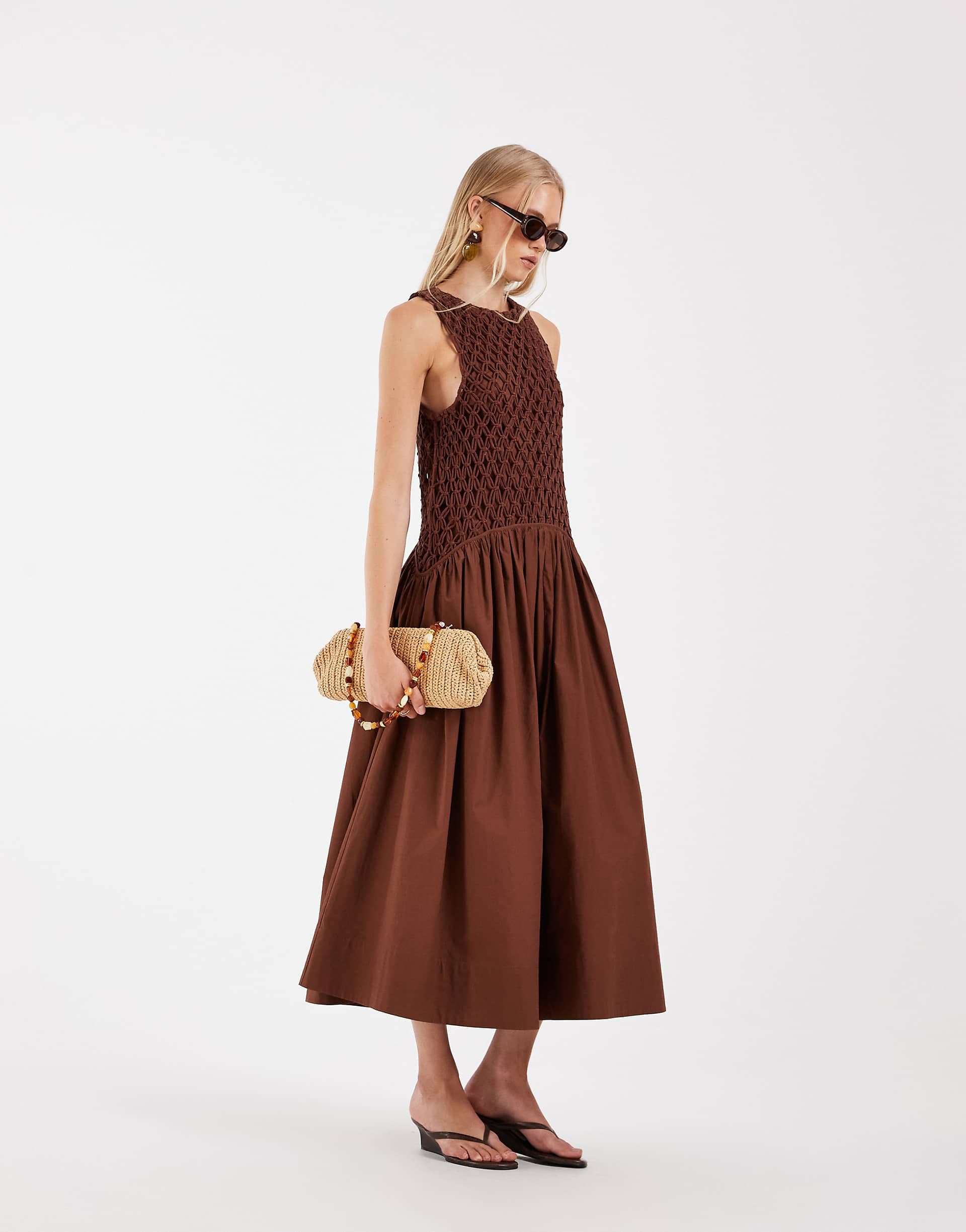 ASOS DESIGN macramé dropped waist maxi dress with poplin skirt in warm chocolate