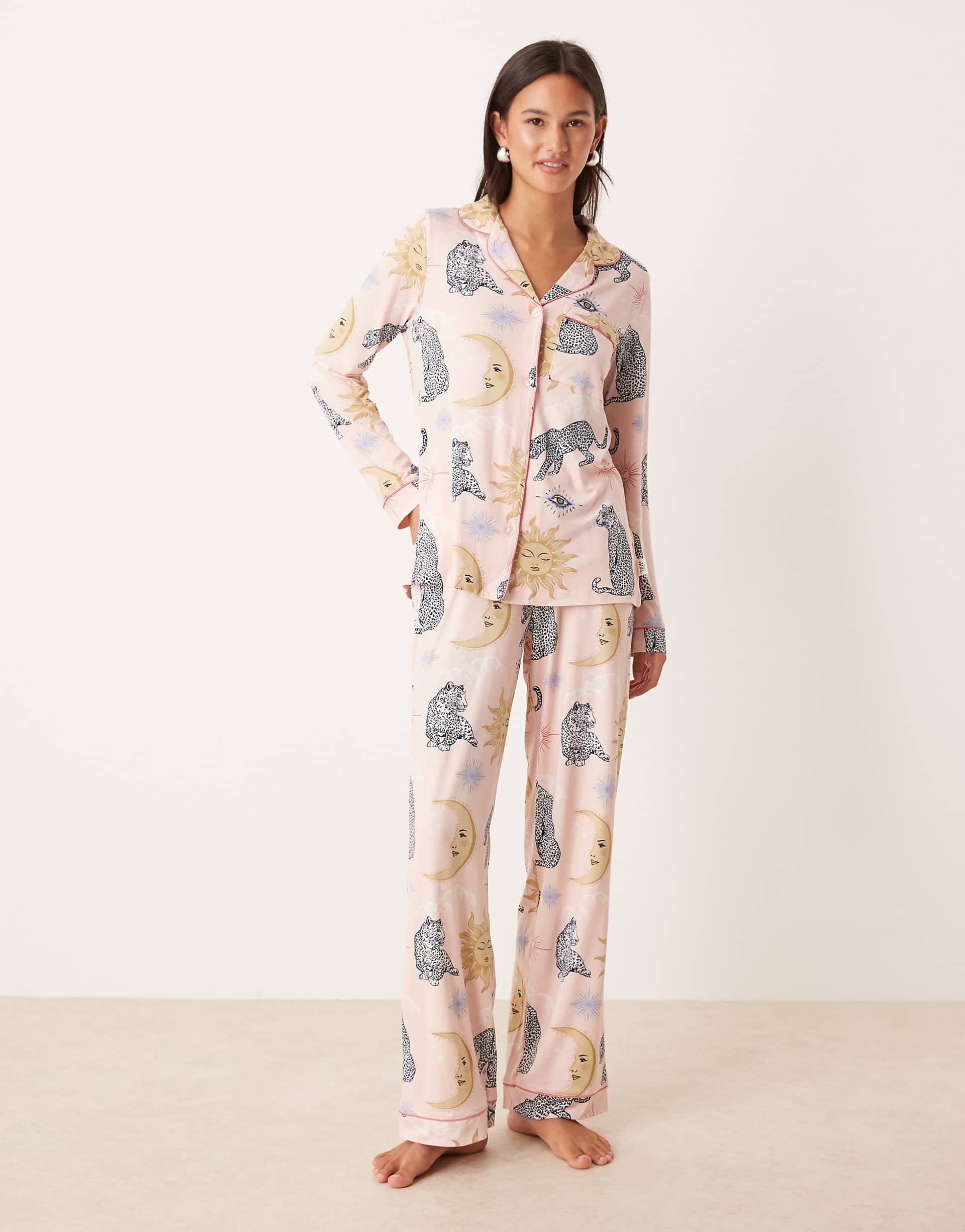 Chelsea Peers poly long sleeve camp collar pajama set in celestial tiger print