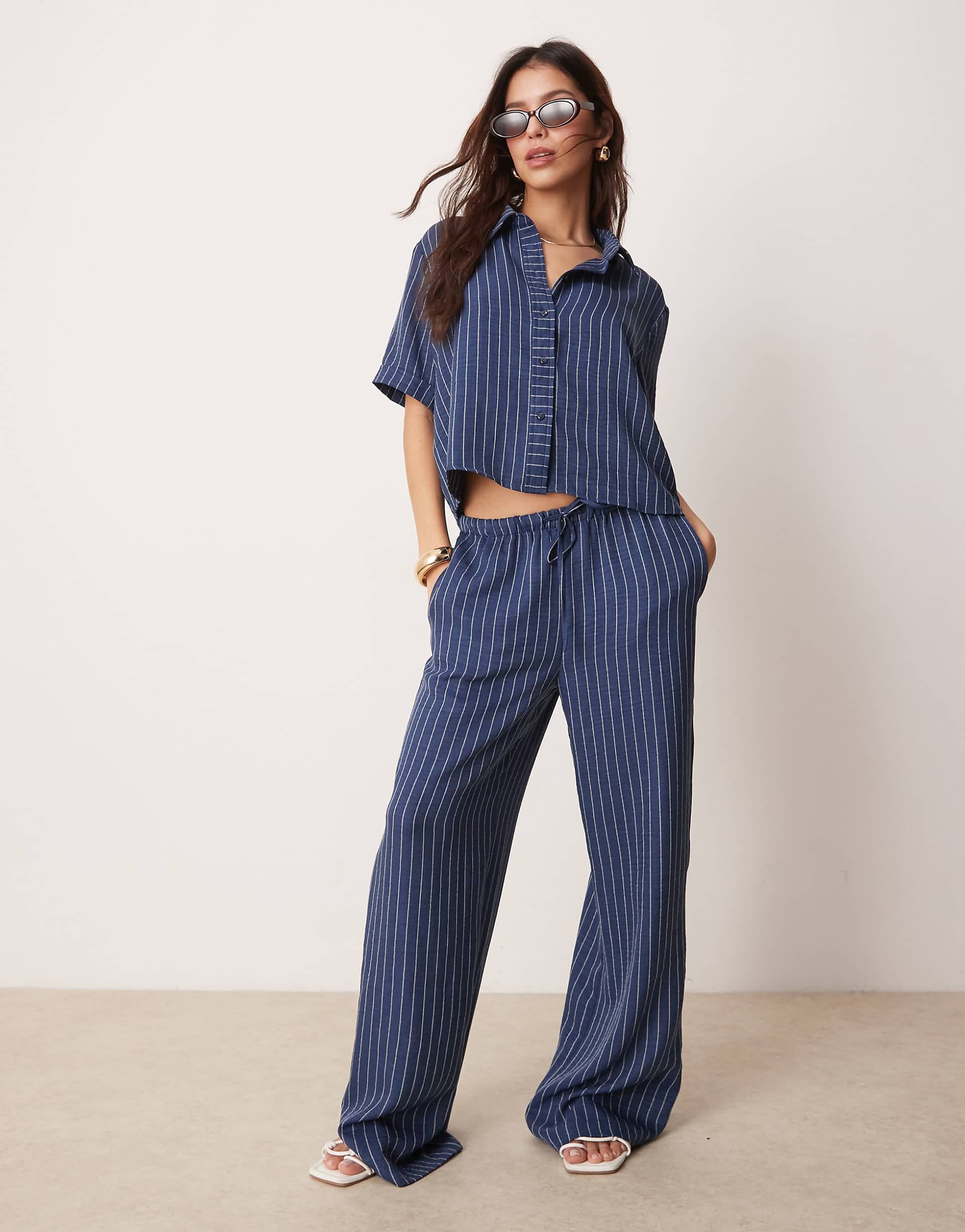 JDY wide leg pants in dark blue stripes - part of a set