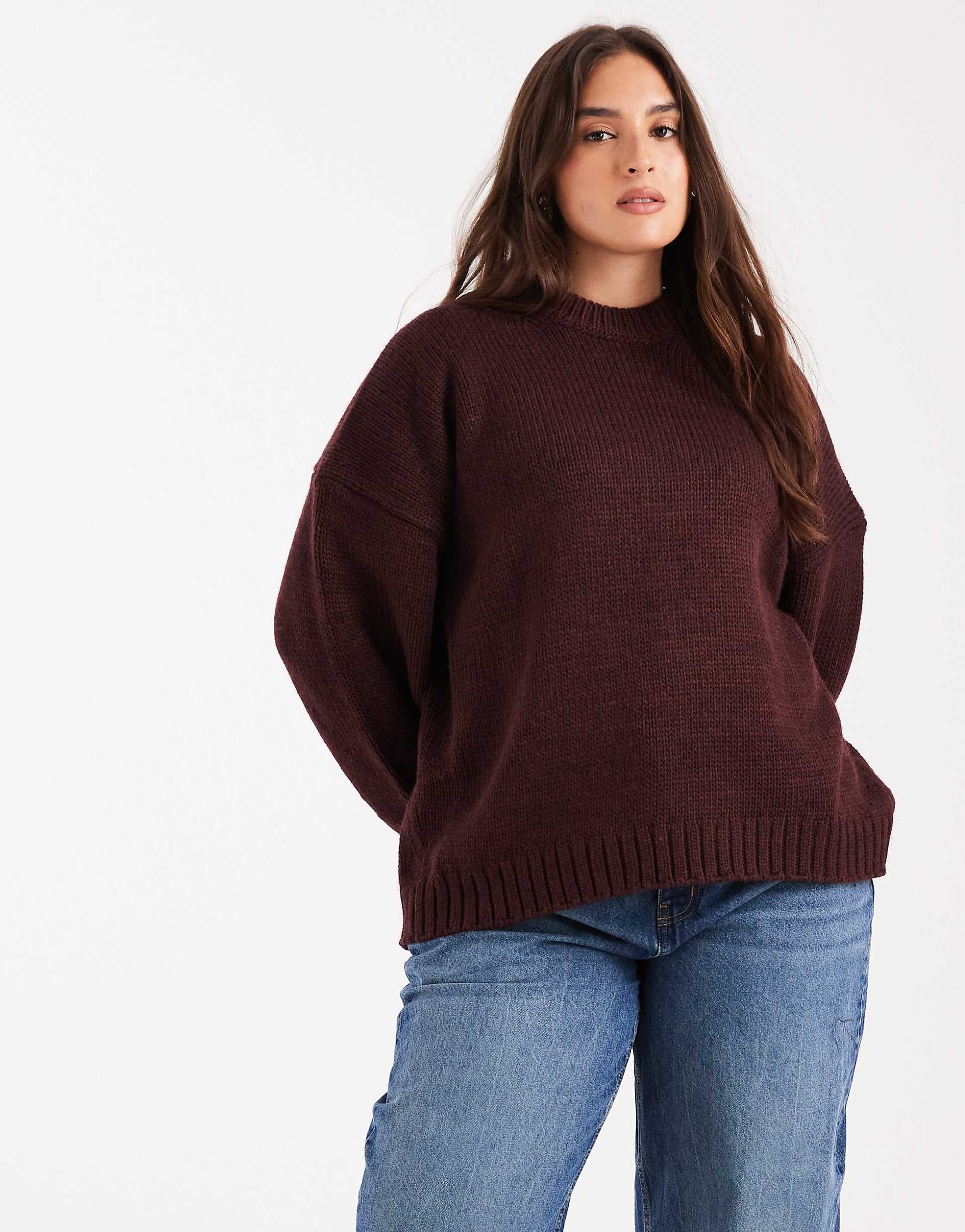 ASOS DESIGN Curve super oversized chunky crew neck sweater with curved hem in burgundy