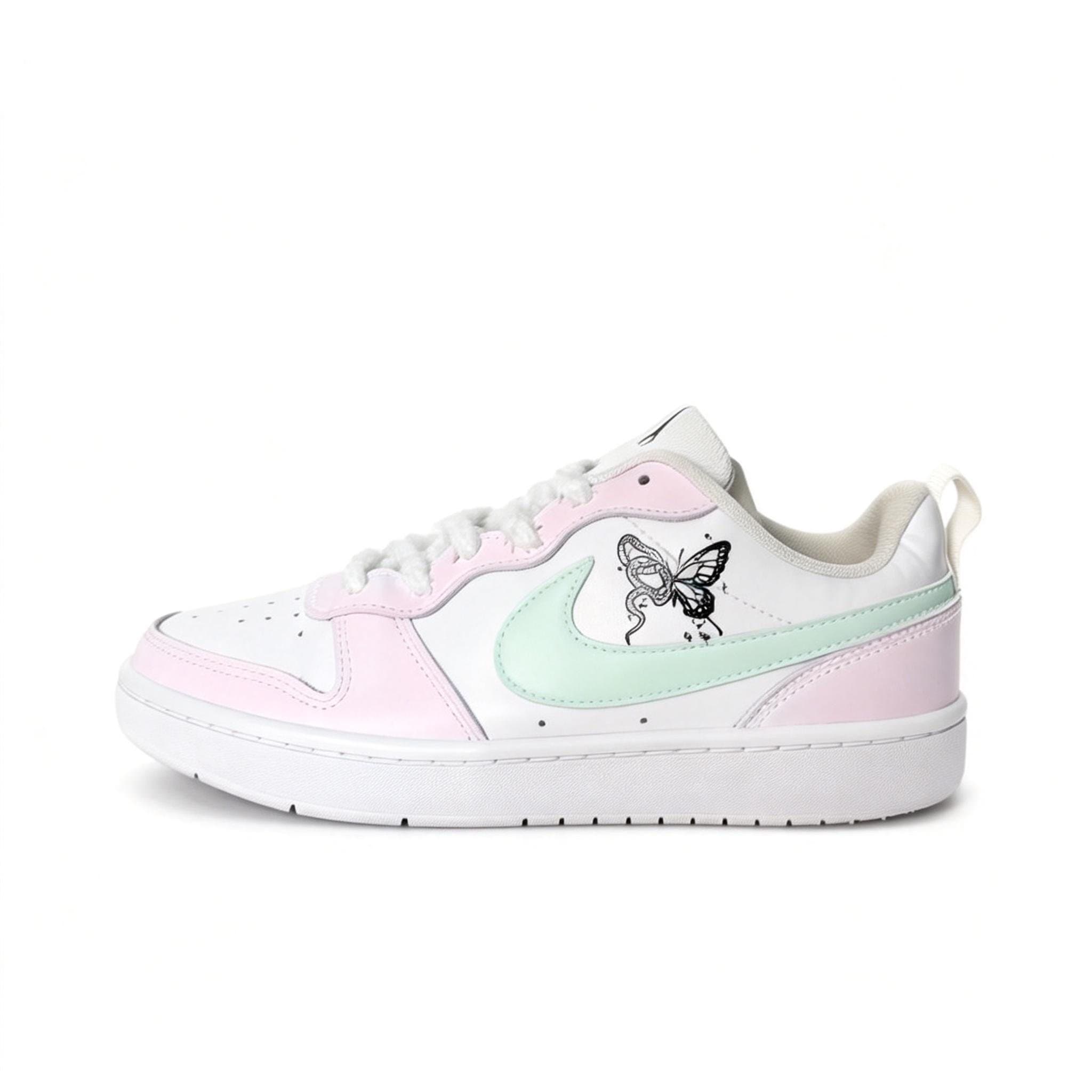 Custom SneakersNike Pink White Butterfly Leather Romantic Energetic Heartwarming Fresh Dopamine Sweet Girl Fashion Versatile Cute Adorable Shock Absorption Wear-Resistant Anti-Slip Low-Top Skate Shoes Unisex Pink