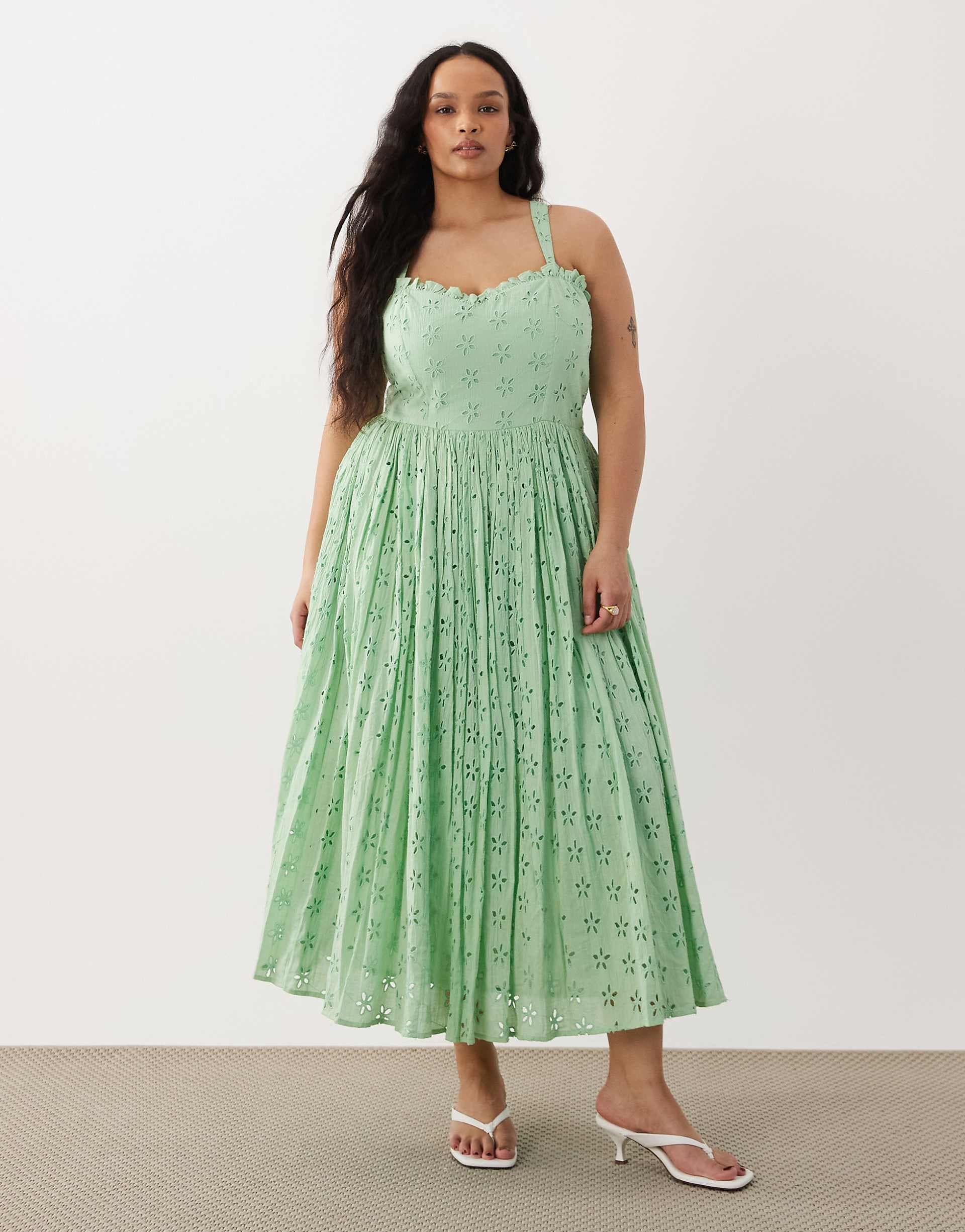 Lace & Beads Plus broderie cotton corset midaxi dress in bright green