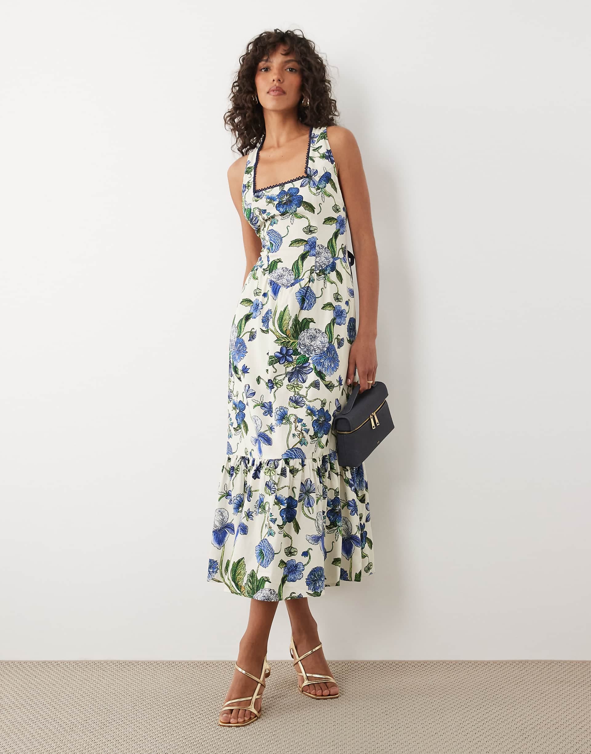 Hope & Ivy square halter neck midi dress with tie back in blue floral