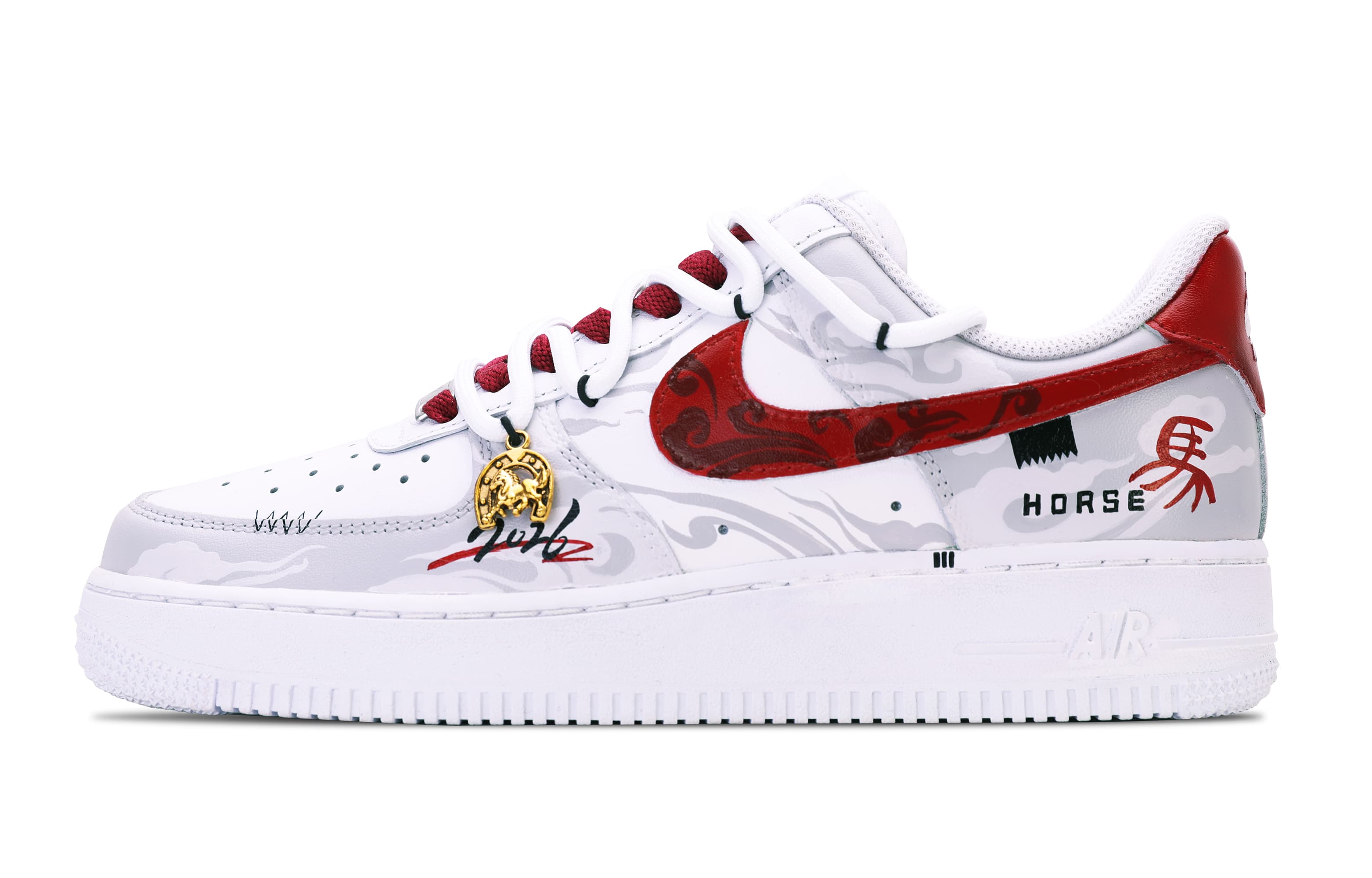 Custom SneakersNike Air Force 1 Leather 'Horse Welcomes Spring' Year of the Horse Zodiac Limited Edition Red Luck Chinese New Trend CNY Couple Wear-Resistant Breathable Low-Top Skate Shoes Unisex White-Red